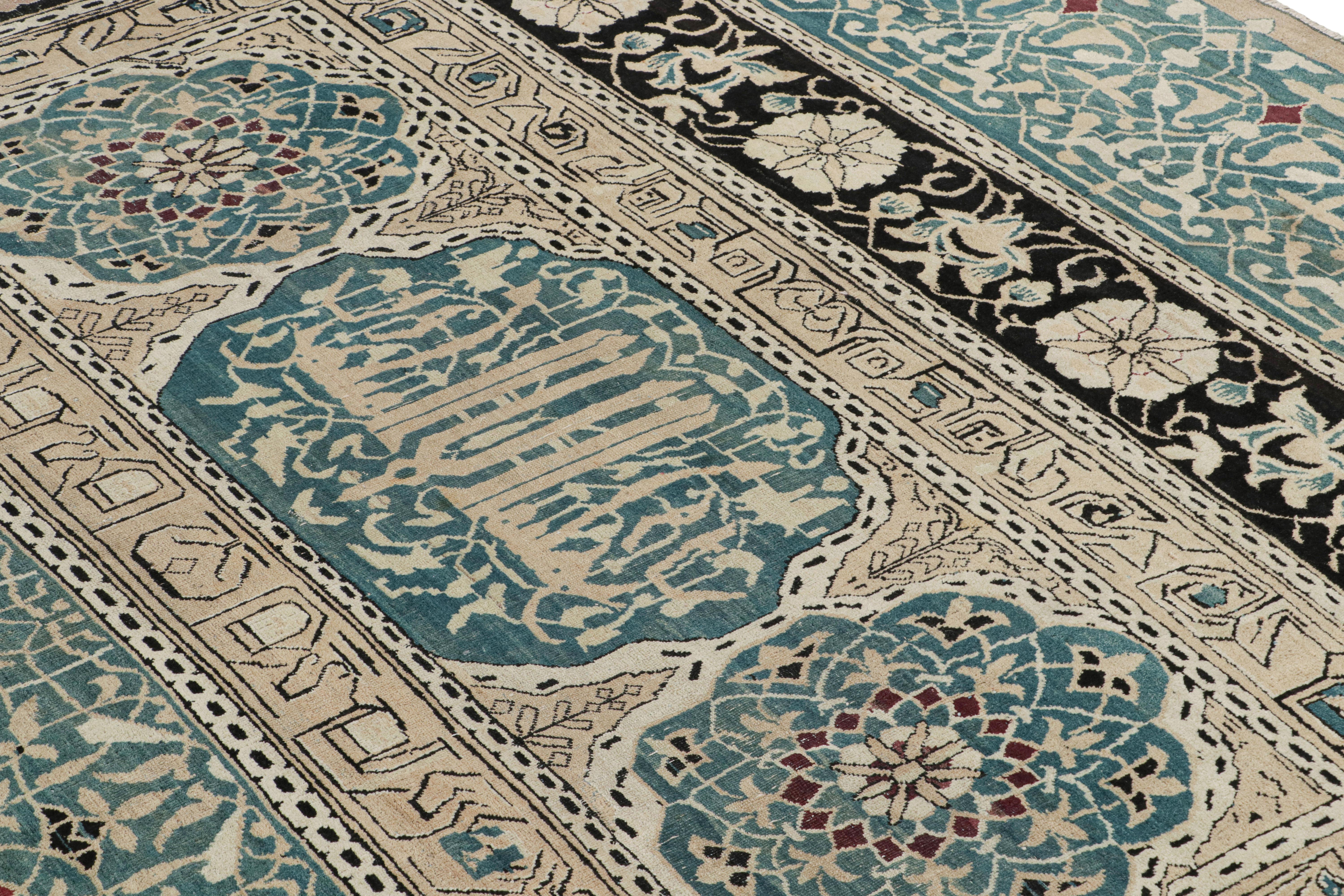 Mid-19th Century Antique Agra Rug in Beige and Teal with Floral Patterns For Sale