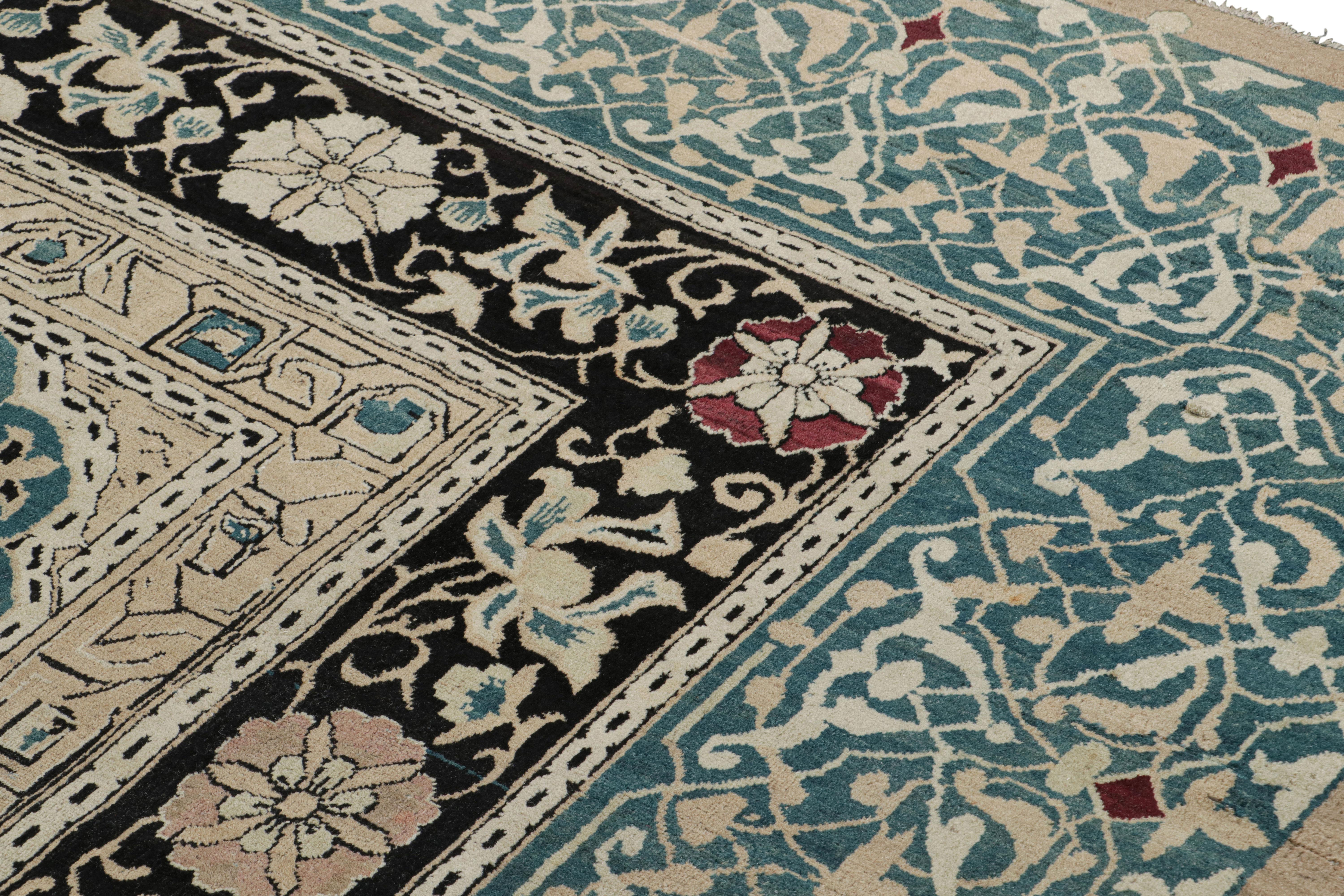 Wool Antique Agra Rug in Beige and Teal with Floral Patterns For Sale