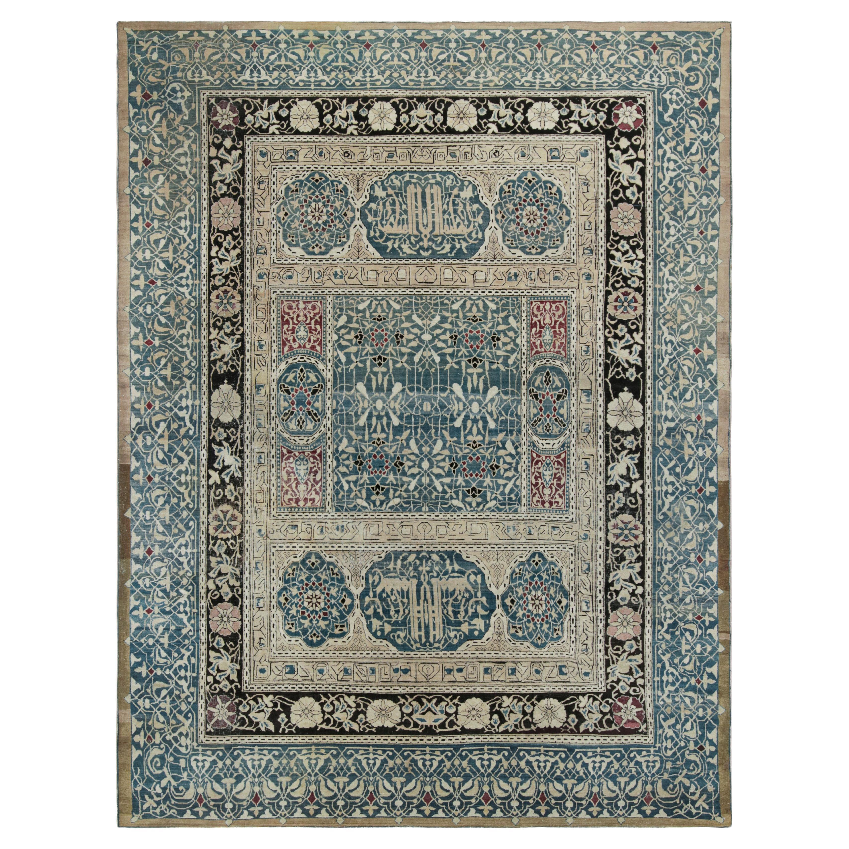 Antique Agra Rug in Beige and Teal with Floral Patterns