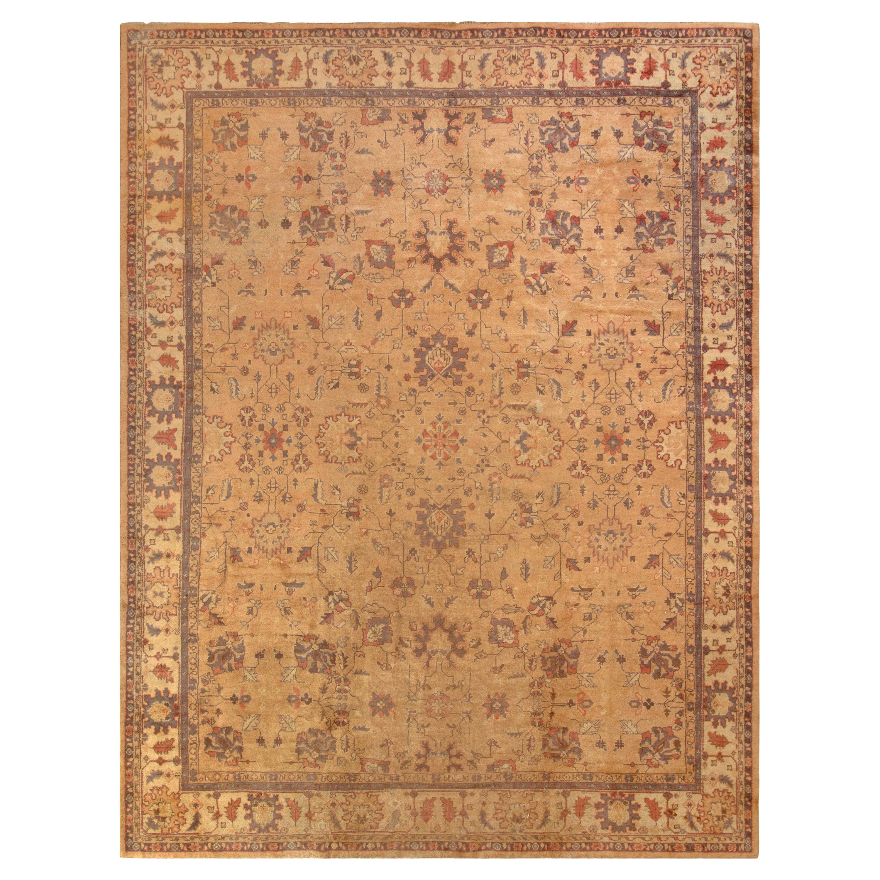 Antique Agra Rug in Beige-Brown and Red Floral Pattern by Rug & Kilim For Sale