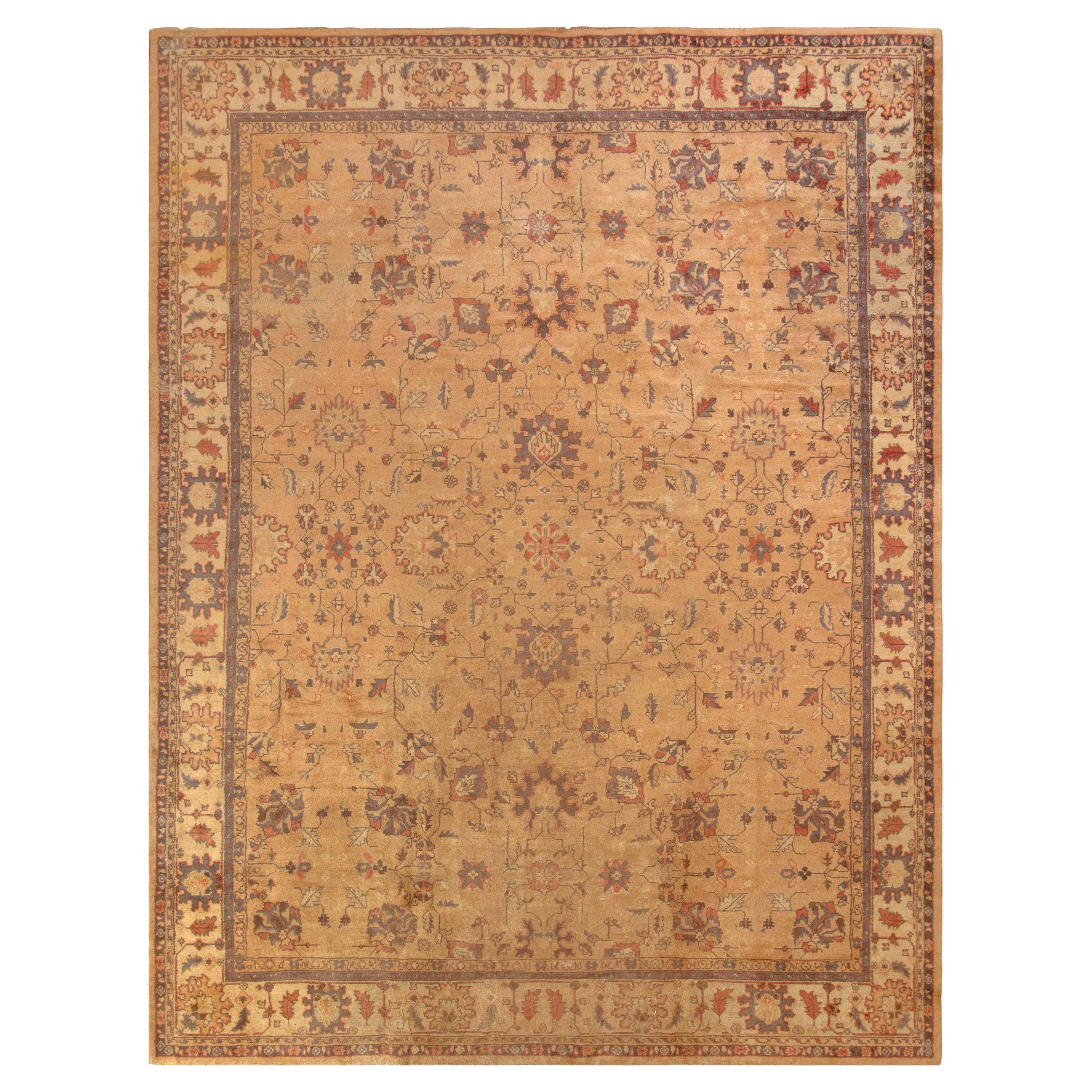 Antique Agra Rug in Beige-Brown and Red Floral Pattern by Rug & Kilim