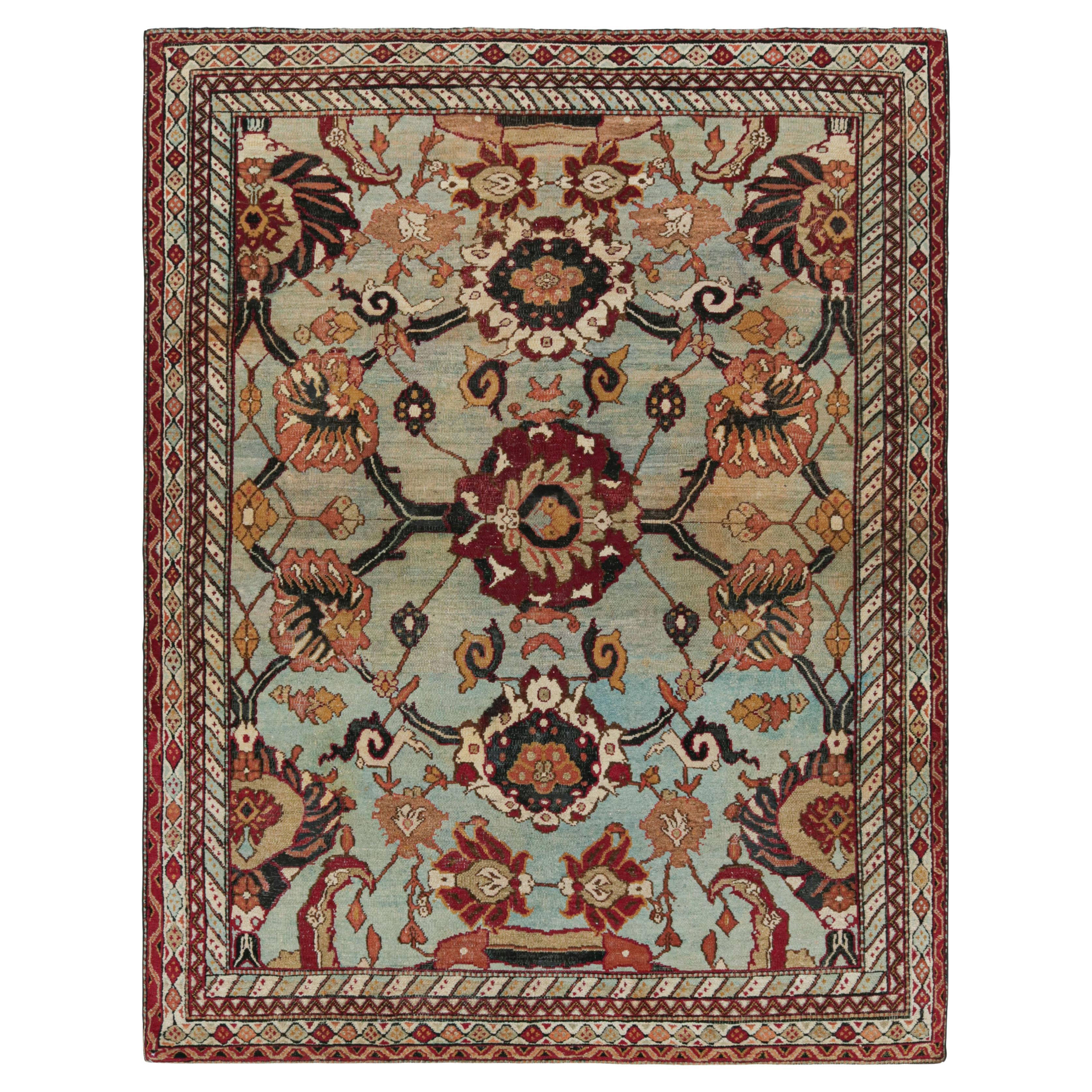 Antique Agra Rug in Blue with Floral Patterns For Sale