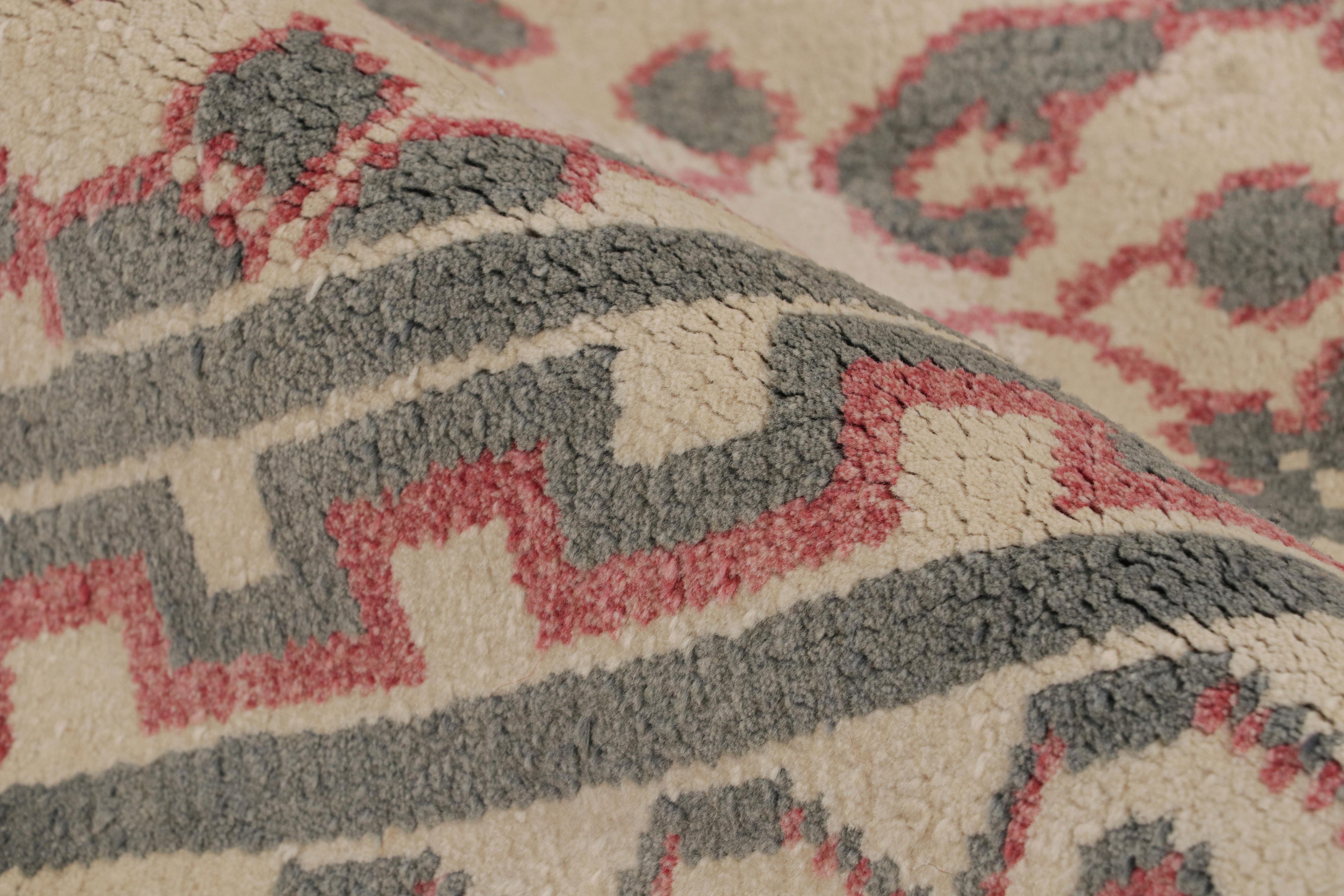 Wool Antique Agra Rug in Cream with Gray and Red Floral Patterns, from Rug & Kilim For Sale