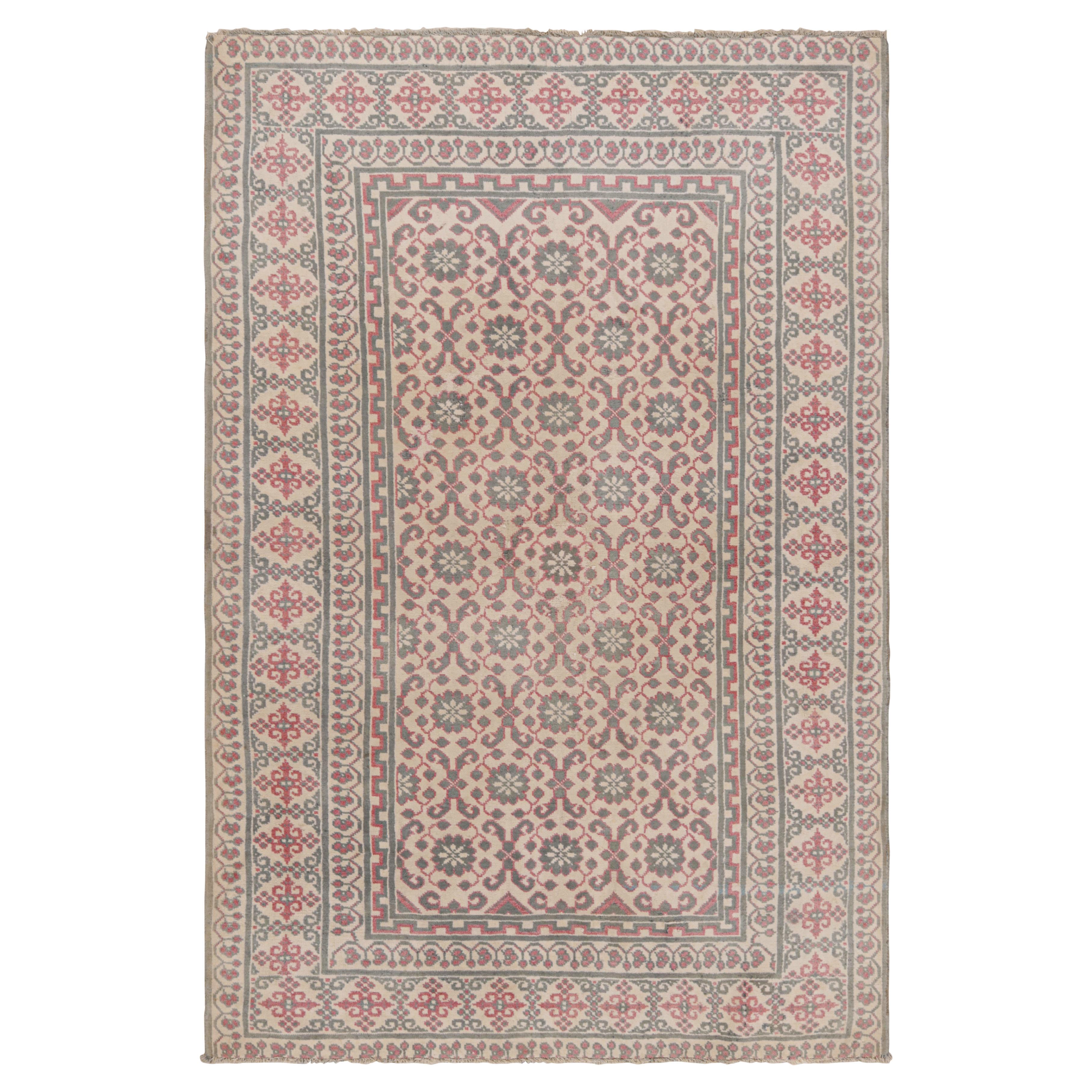 Antique Agra Rug in Cream with Gray and Red Floral Patterns, from Rug & Kilim For Sale