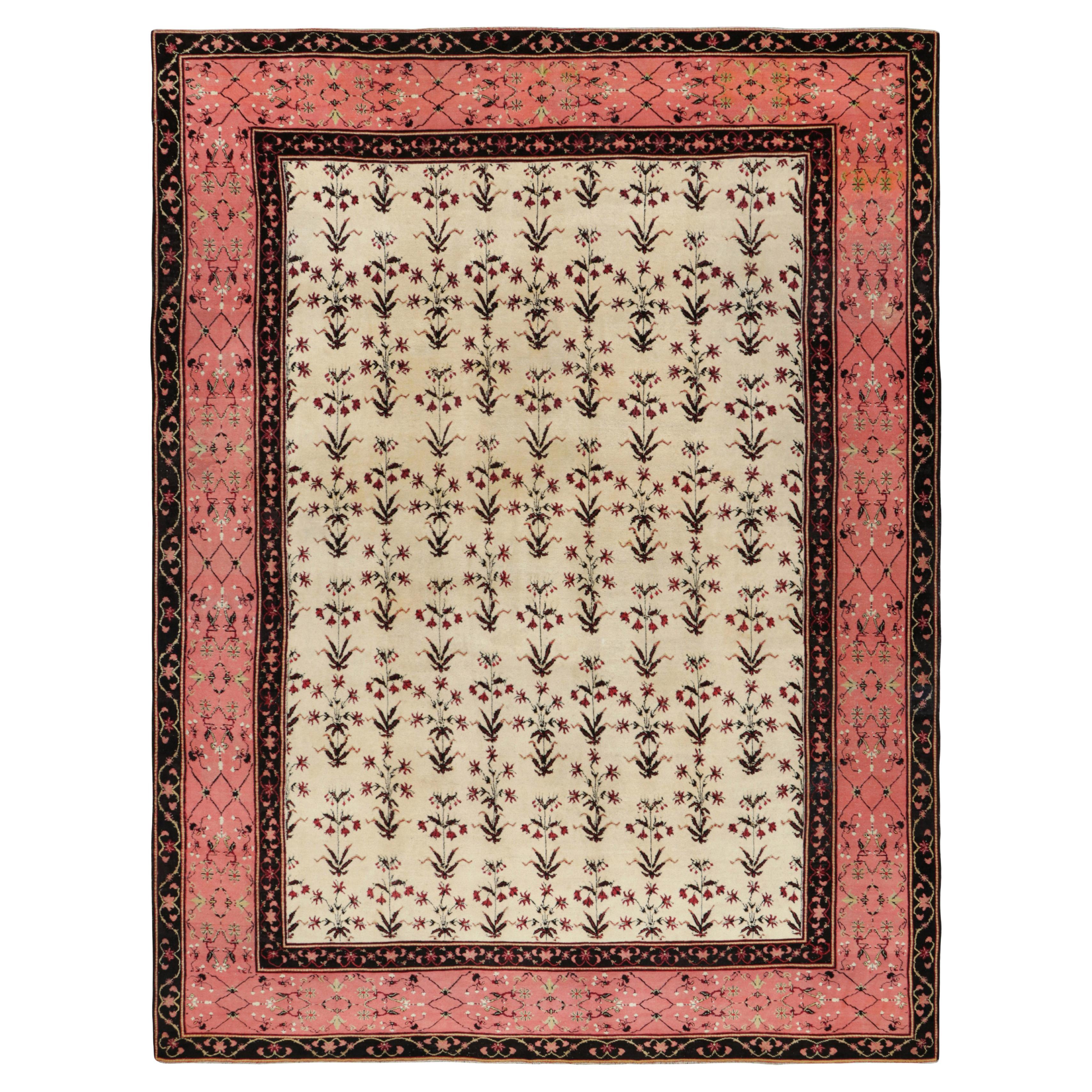 Antique Agra Rug in Cream with Red Floral Patterns