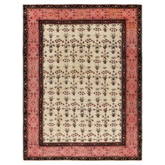 Antique Agra Rug in Cream with Red Floral Patterns