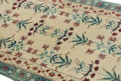Antique Agra Rug in Cream with Teal Blue Floral Patterns  Rug & Kilim