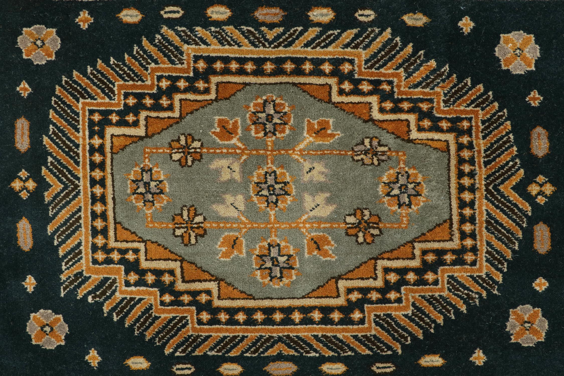 Wool Rare Antique Agra rug in Navy with Blue and Gold Medallions For Sale