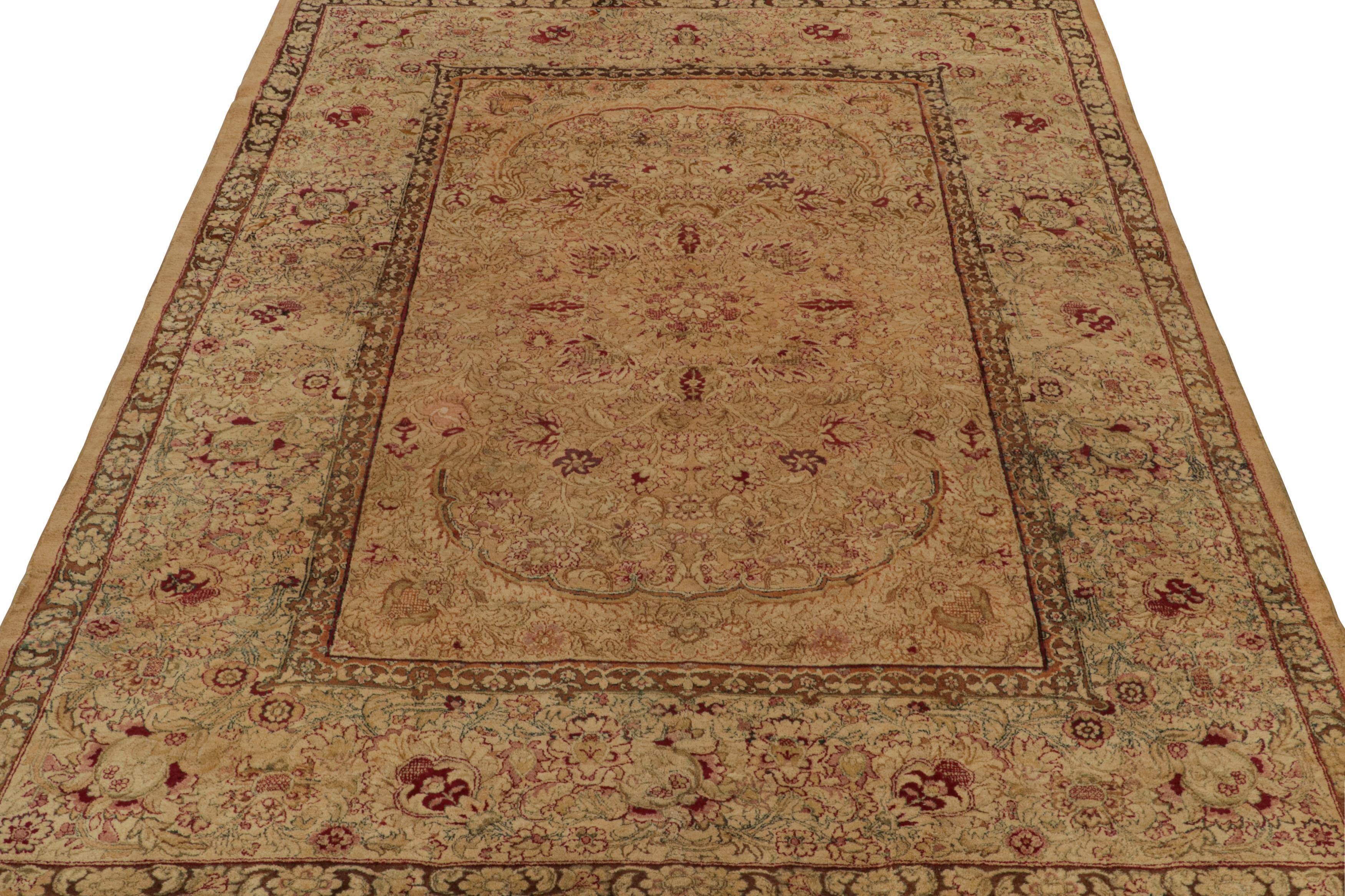 Indian Antique Agra Rug in Gold and Brown with Floral Patterns For Sale
