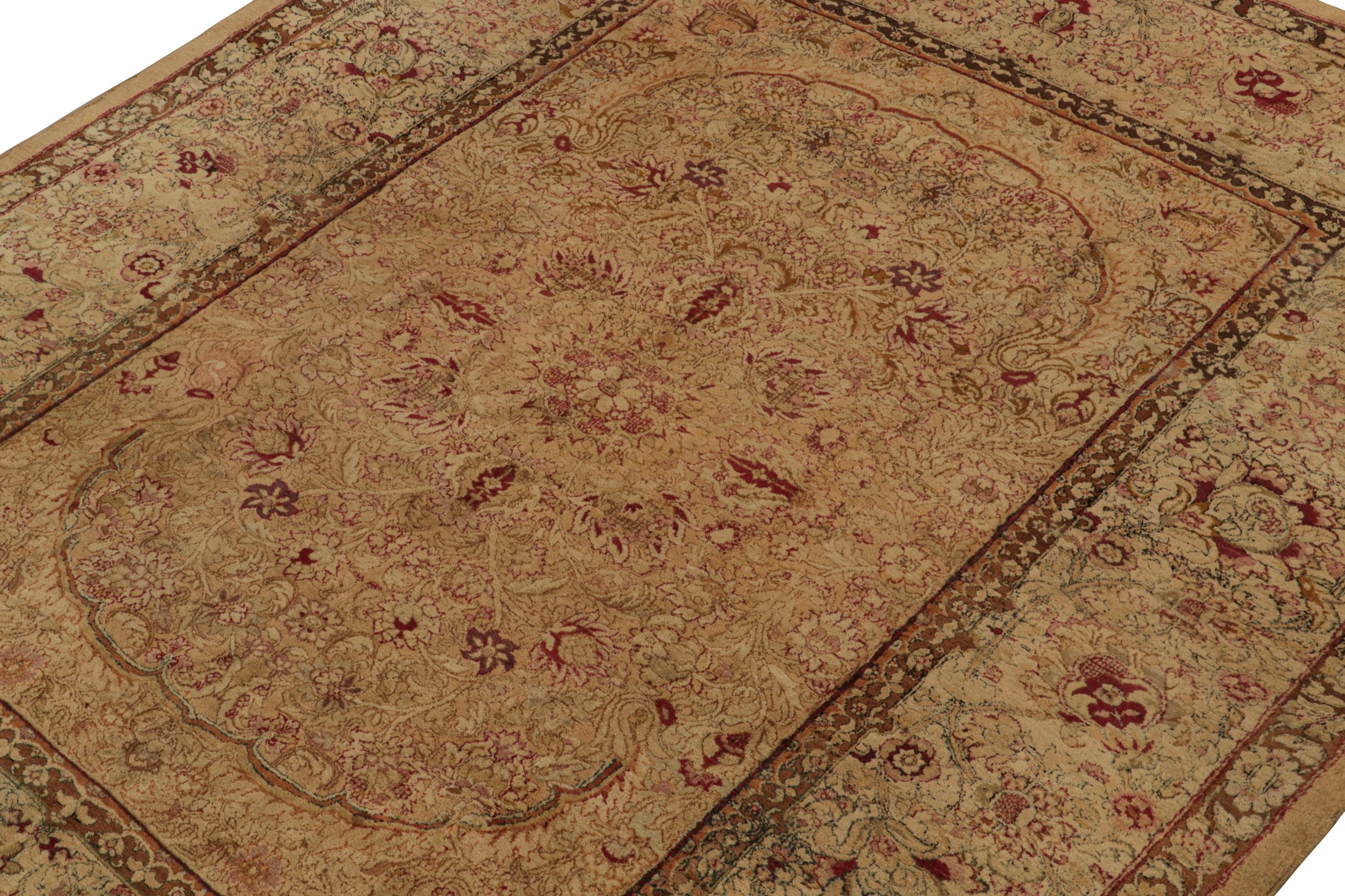Hand-Knotted Antique Agra Rug in Gold and Brown with Floral Patterns For Sale