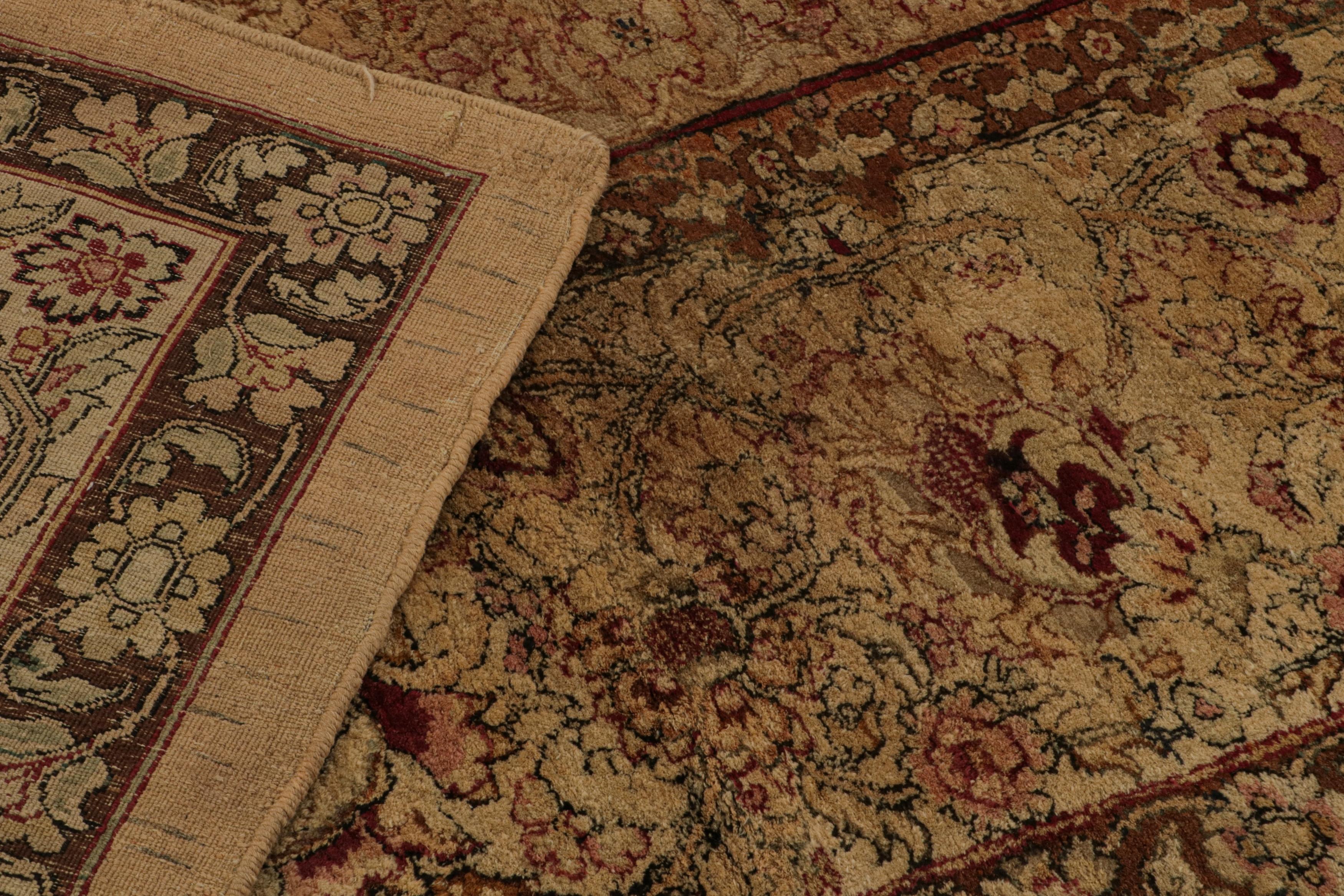 Wool Antique Agra Rug in Gold and Brown with Floral Patterns For Sale