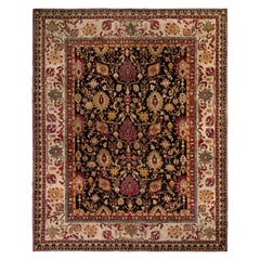 Alfombra antigua Agra en negro con motivos florales rojos y dorados
