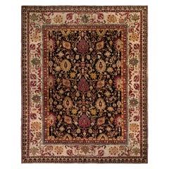 Tapis Agra ancien noir avec motifs floraux rouges et dorés