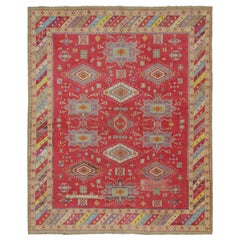 Antiker Agra-Teppich in Rot mit bunten geometrischen Mustern, von Rug & Kilim