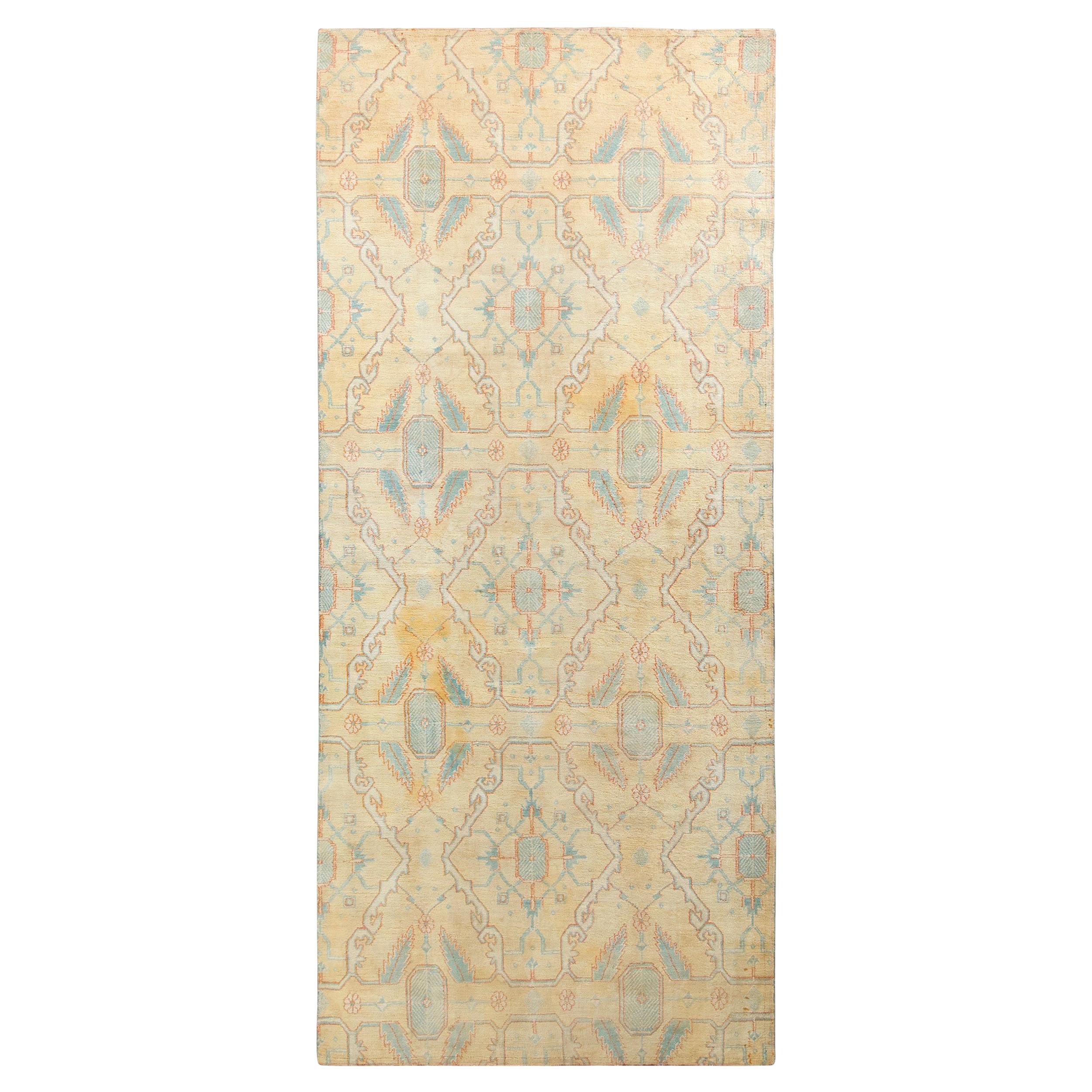 Antique Agra Runner in Blue and Yellow in Geometric Pattern by Rug & Kilim For Sale