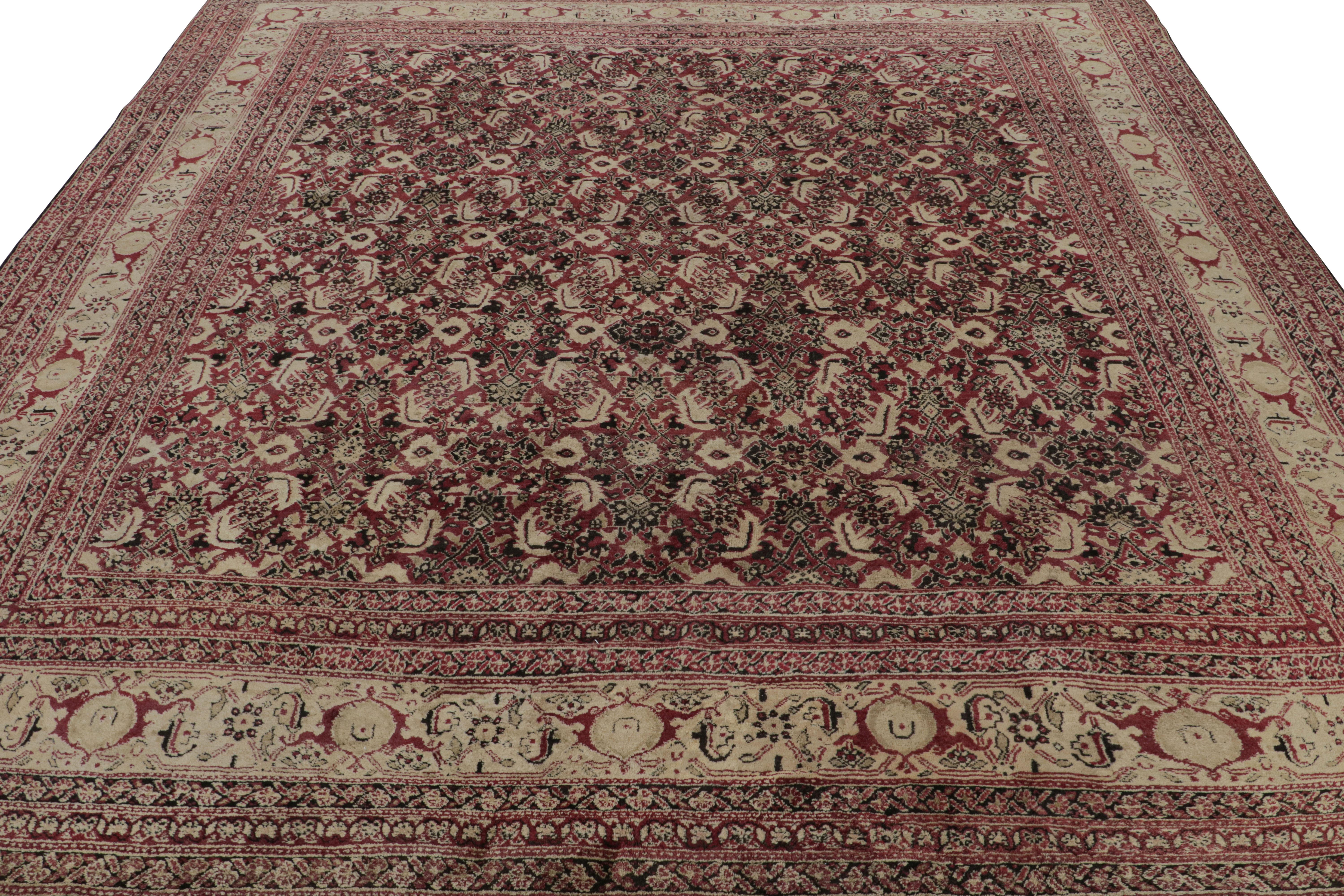 Indian Antique Agra Square Rug in Burgundy with Floral Patterns, from Rug & Kilim For Sale