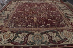 Antique Agra Square Rug in Red and Beige Brown Pictorial Patterns