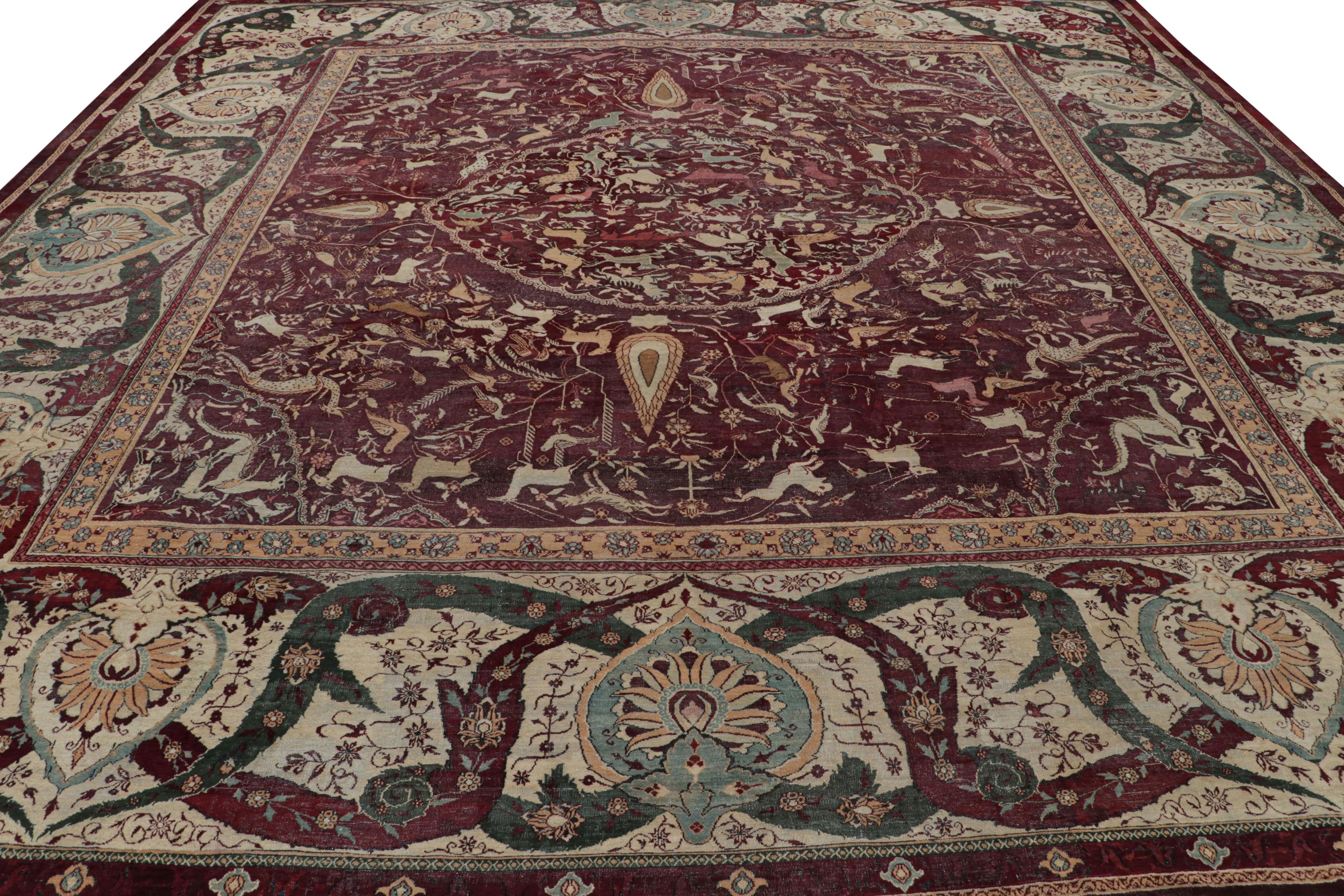 Hand-Knotted Antique Agra Square Rug in Red and Beige Brown Pictorial Patterns For Sale