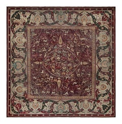 Tapis carré Agra ancien à motifs picturaux rouges et beiges