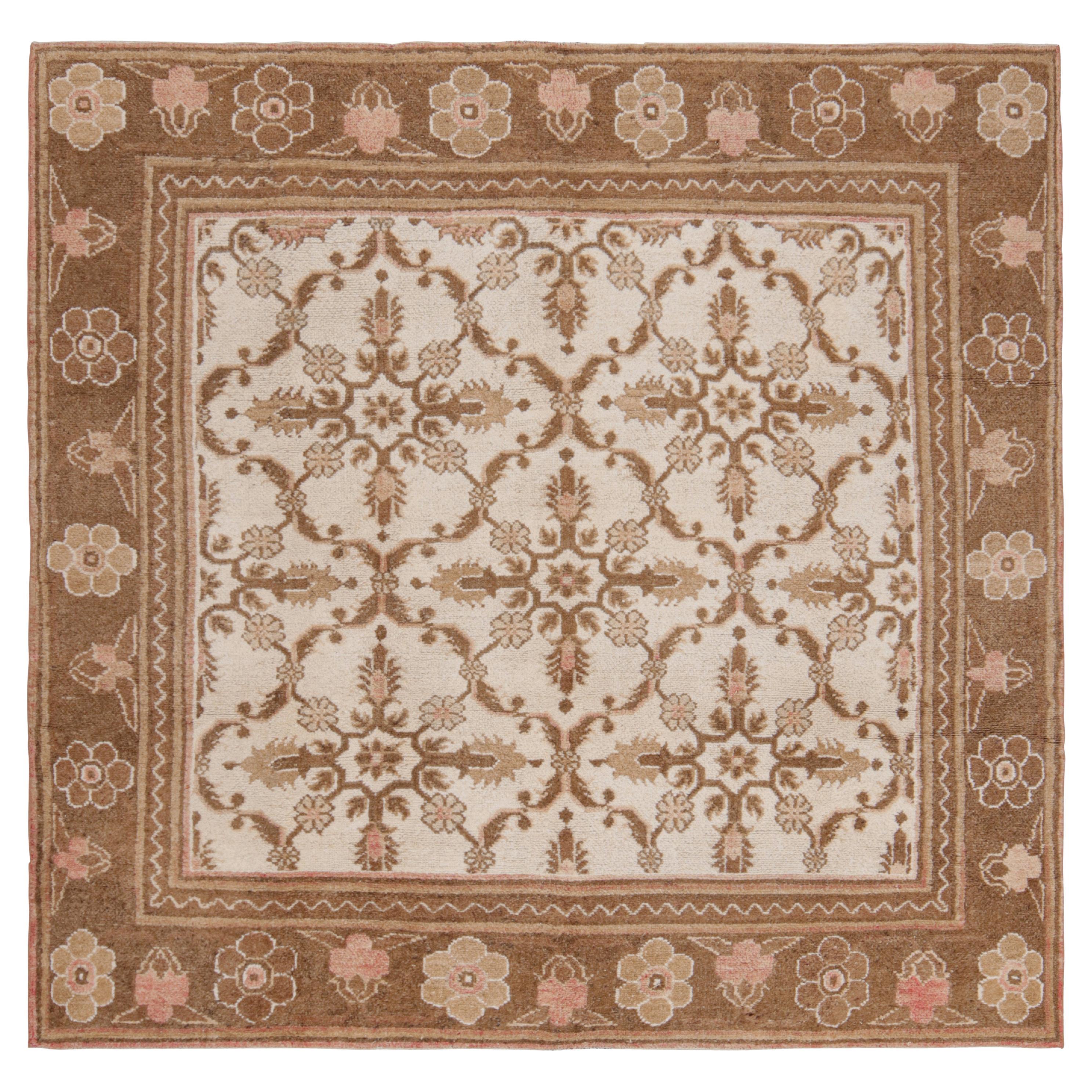 Antique Agra Square Rug in White with Brown and Pink Florals, from Rug & Kilim