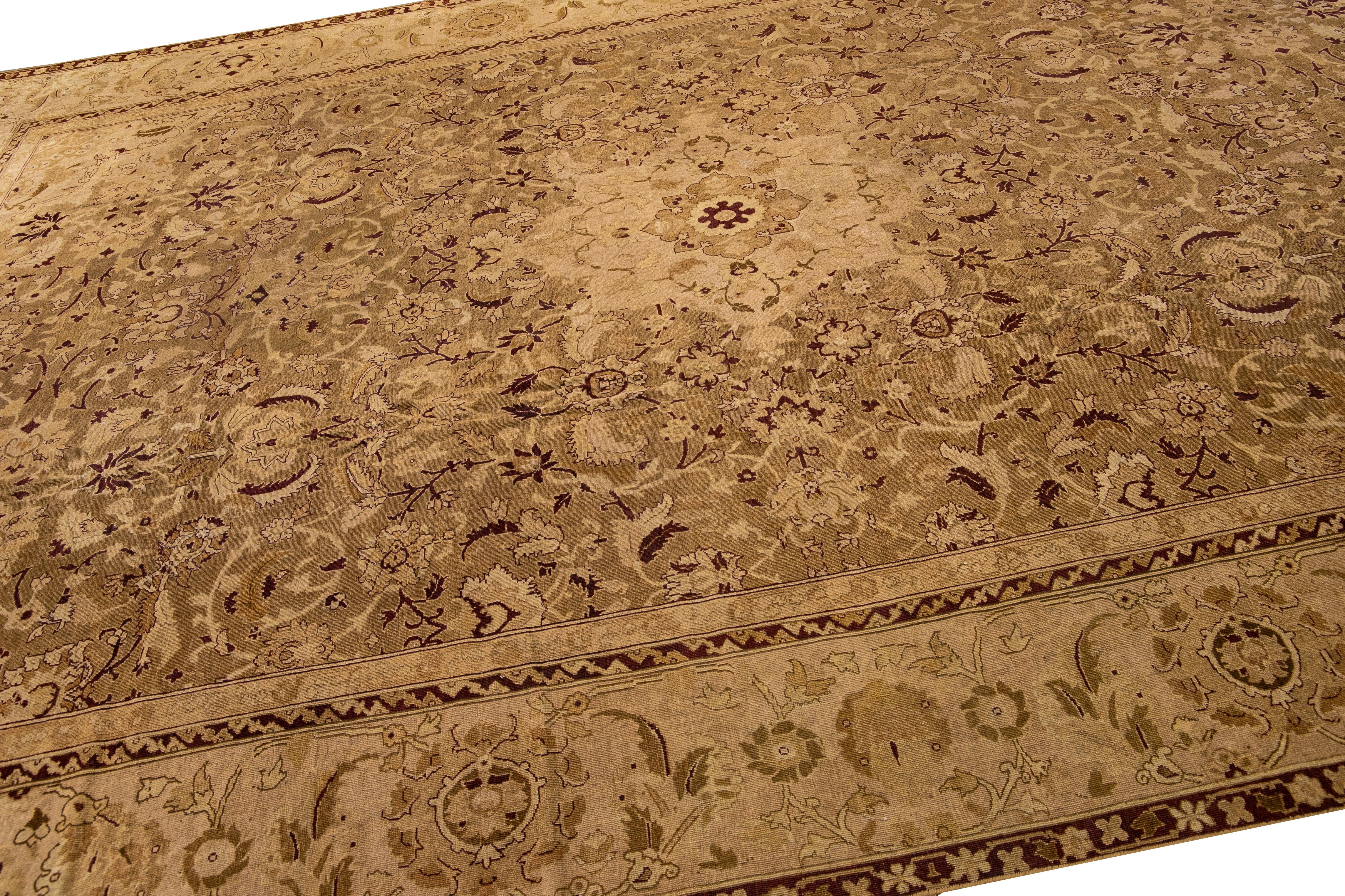 Hand-Knotted Antique Agra Tan Handmade Medallion Motif Wool Rug For Sale