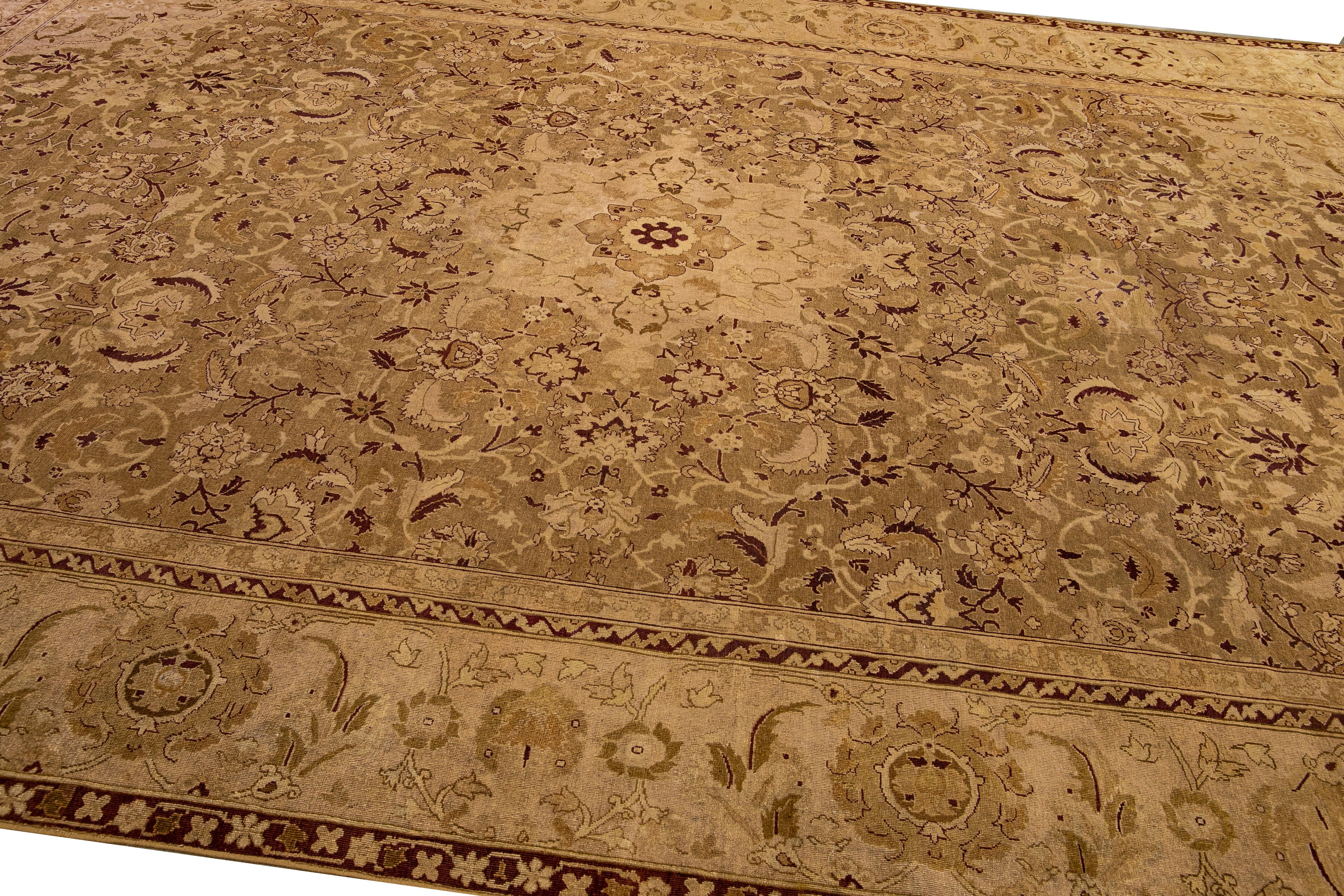 Early 20th Century Antique Agra Tan Handmade Medallion Motif Wool Rug For Sale