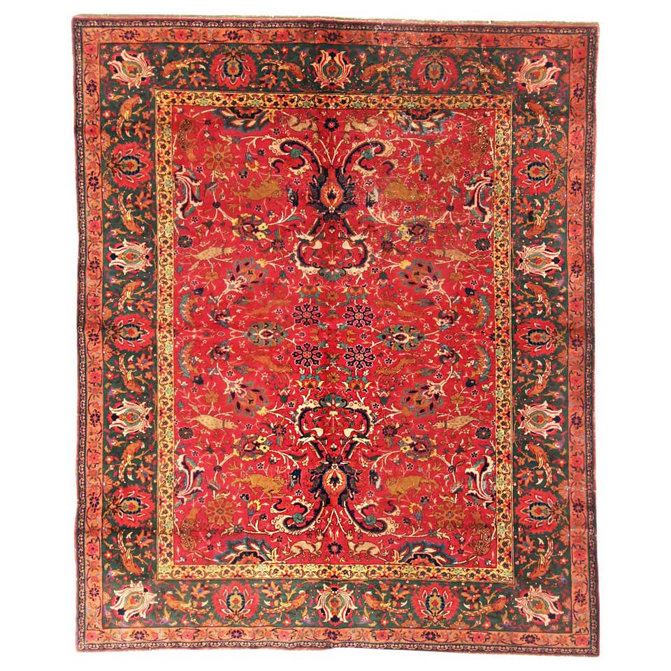 Antique Agra Transitional Red and Green Wool All-Over Floral Pattern ...