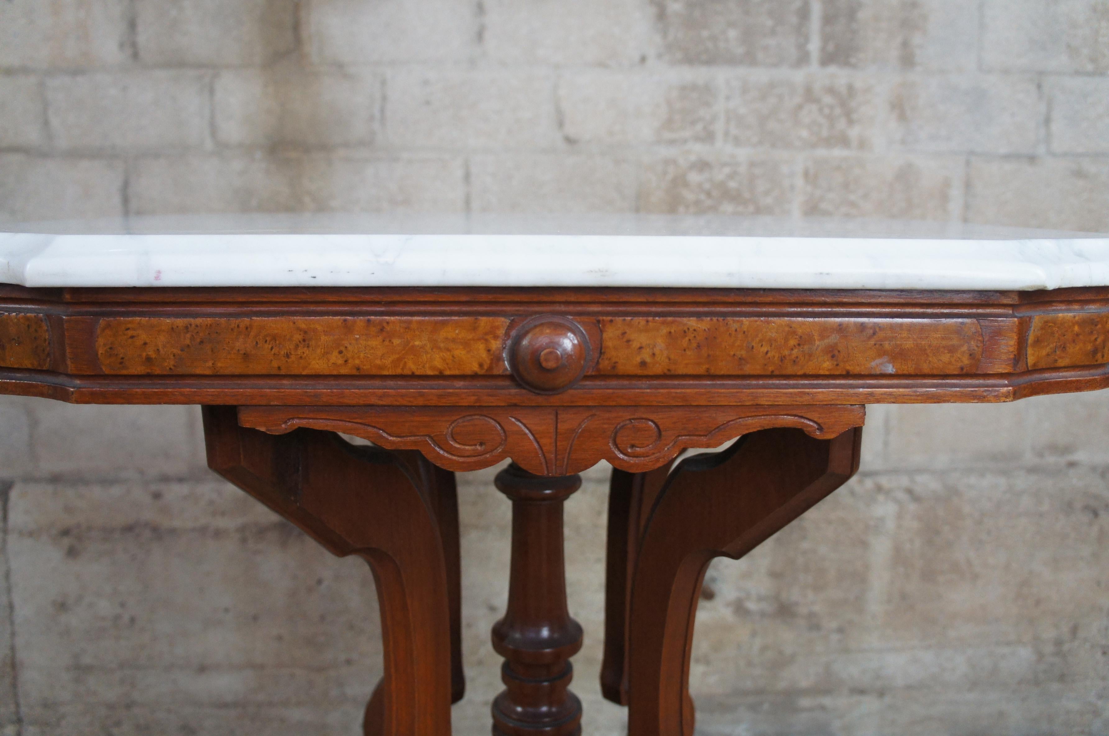 19th Century Antique A.H. Heilman Eastlake Victorian Walnut Burl Marble Top Parlor Side Table