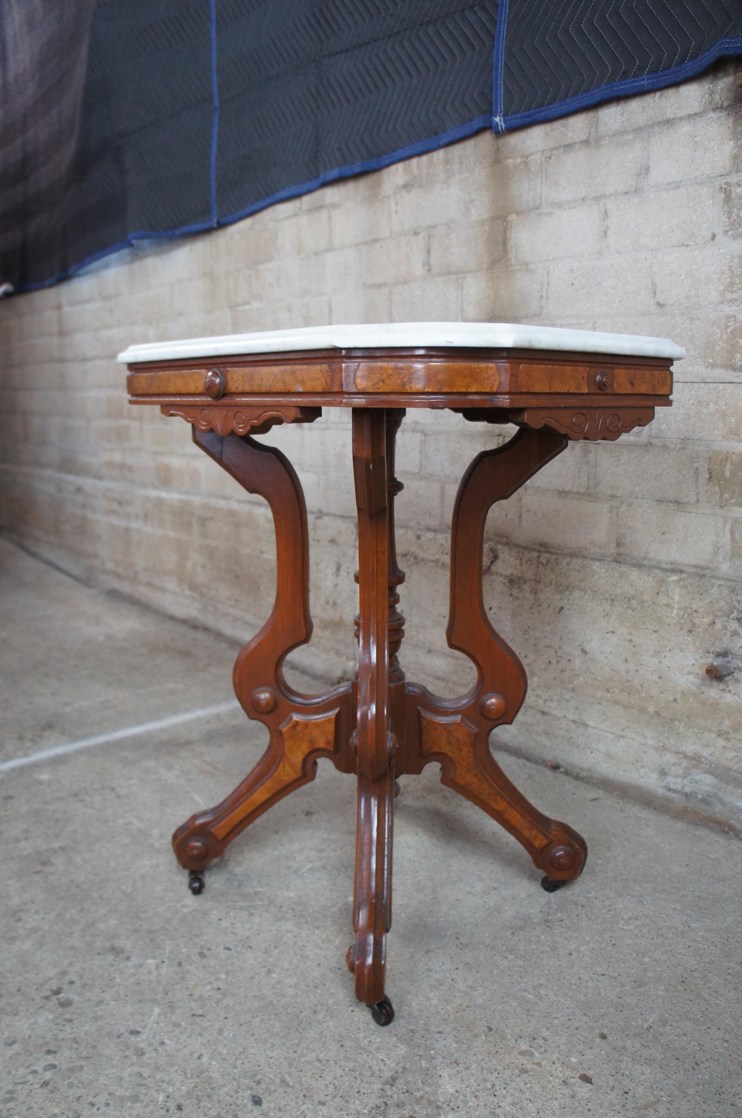 Antique A.H. Heilman Eastlake Victorian Walnut Burl Marble Top Parlor Side Table 3