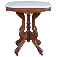 Antique A.H. Heilman Eastlake Victorian Walnut Burl Marble Top Parlor Side Table
