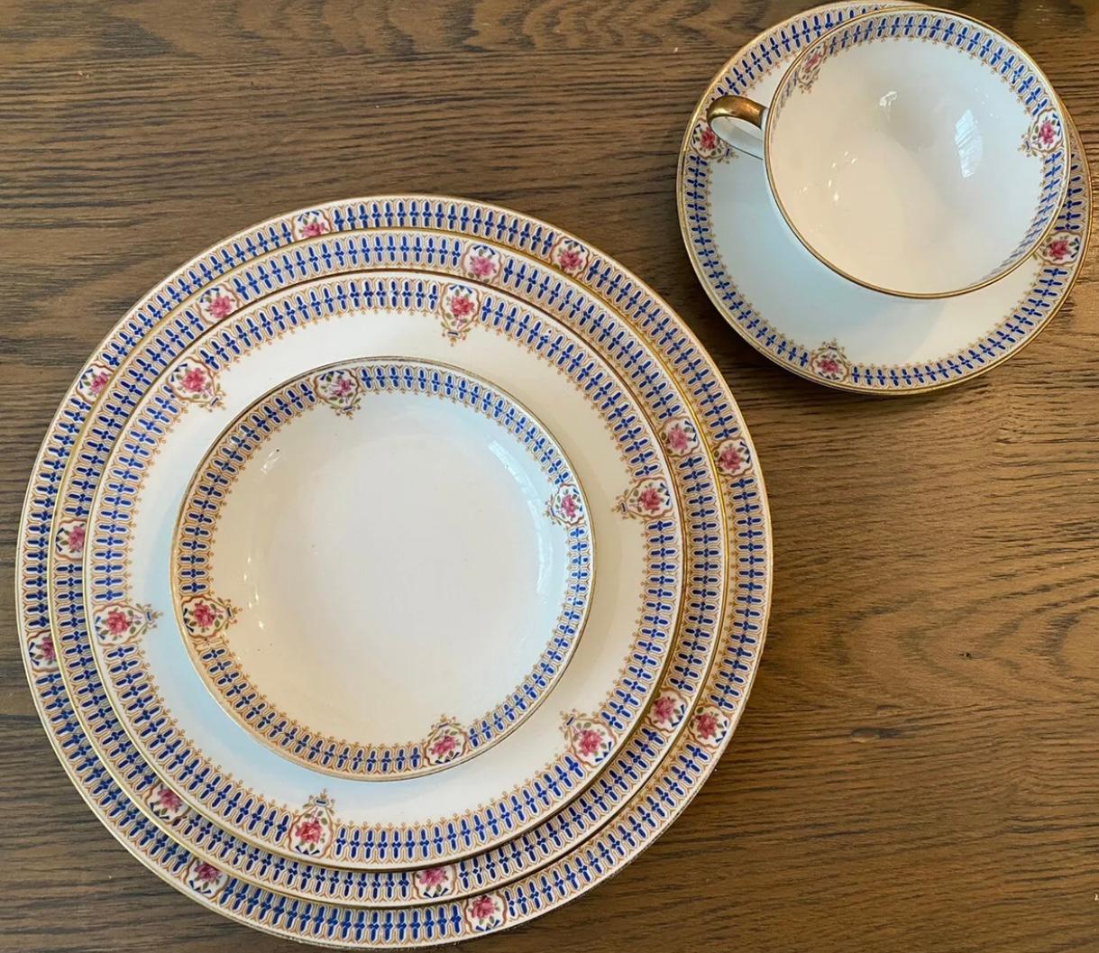 Stunning Antique C Arhenfeldt Limoges Depose Blue and Gold Floral Plate Set-Service for 6** Plus Serving Dishes in Excellent Condition. Complete service for 6 settings** PLUS servings dishes. Great condition for age- no chips, cracks, or crazing.
