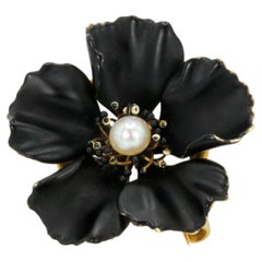 Antique A.J. Hedges 14K Gold & Pearl Black Enamel Brooch