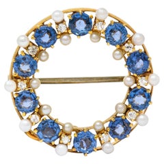 Antique A.J. Hedges 2.48 Carats Sapphire Diamond Pearl 14 Karat Gold Circle Pin