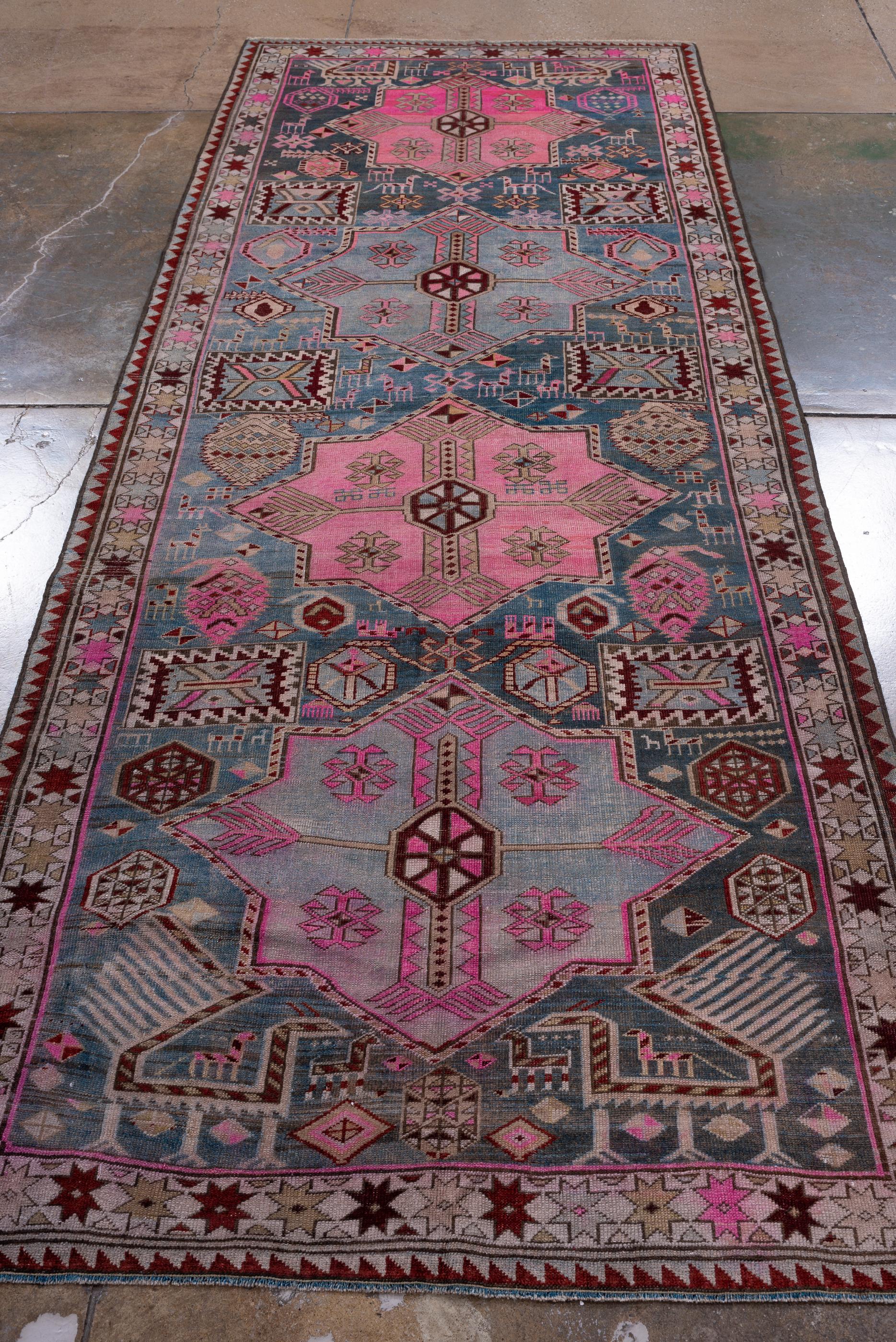 Azerbaijani Antique Akstafa Long Rug with Light Blue Field and Shades of Pink  For Sale
