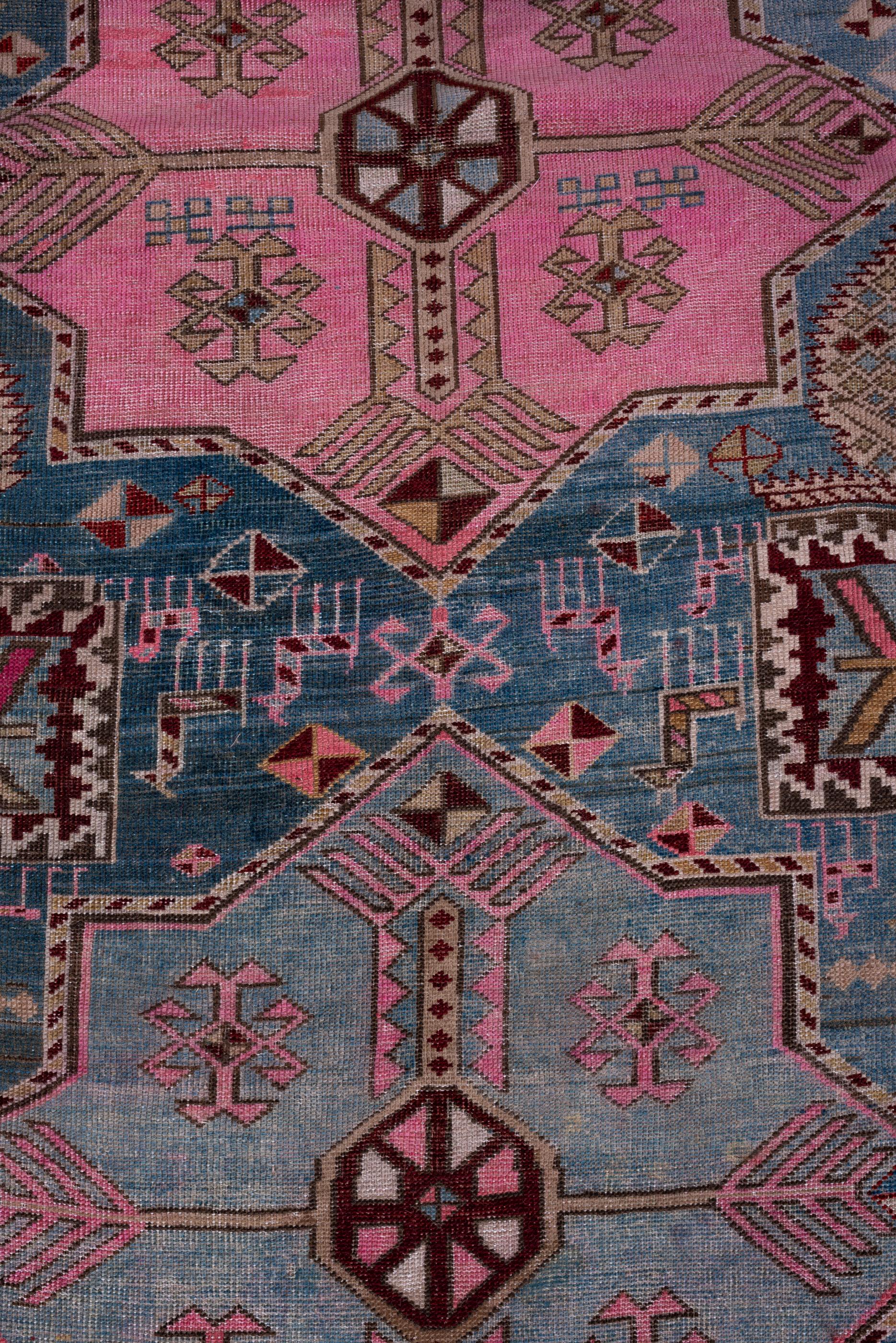 Hand-Knotted Antique Akstafa Long Rug with Light Blue Field and Shades of Pink  For Sale
