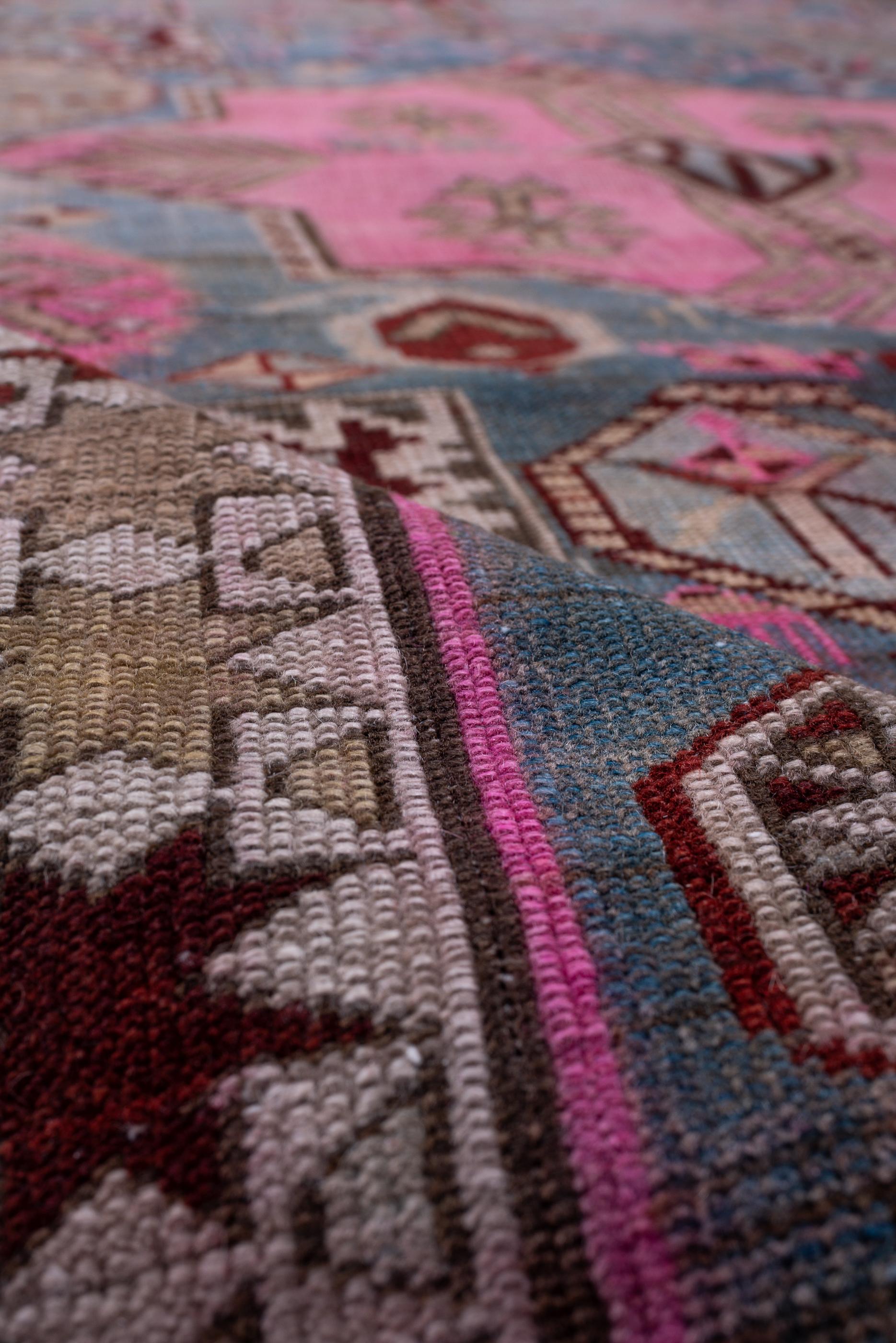 Wool Antique Akstafa Long Rug with Light Blue Field and Shades of Pink  For Sale