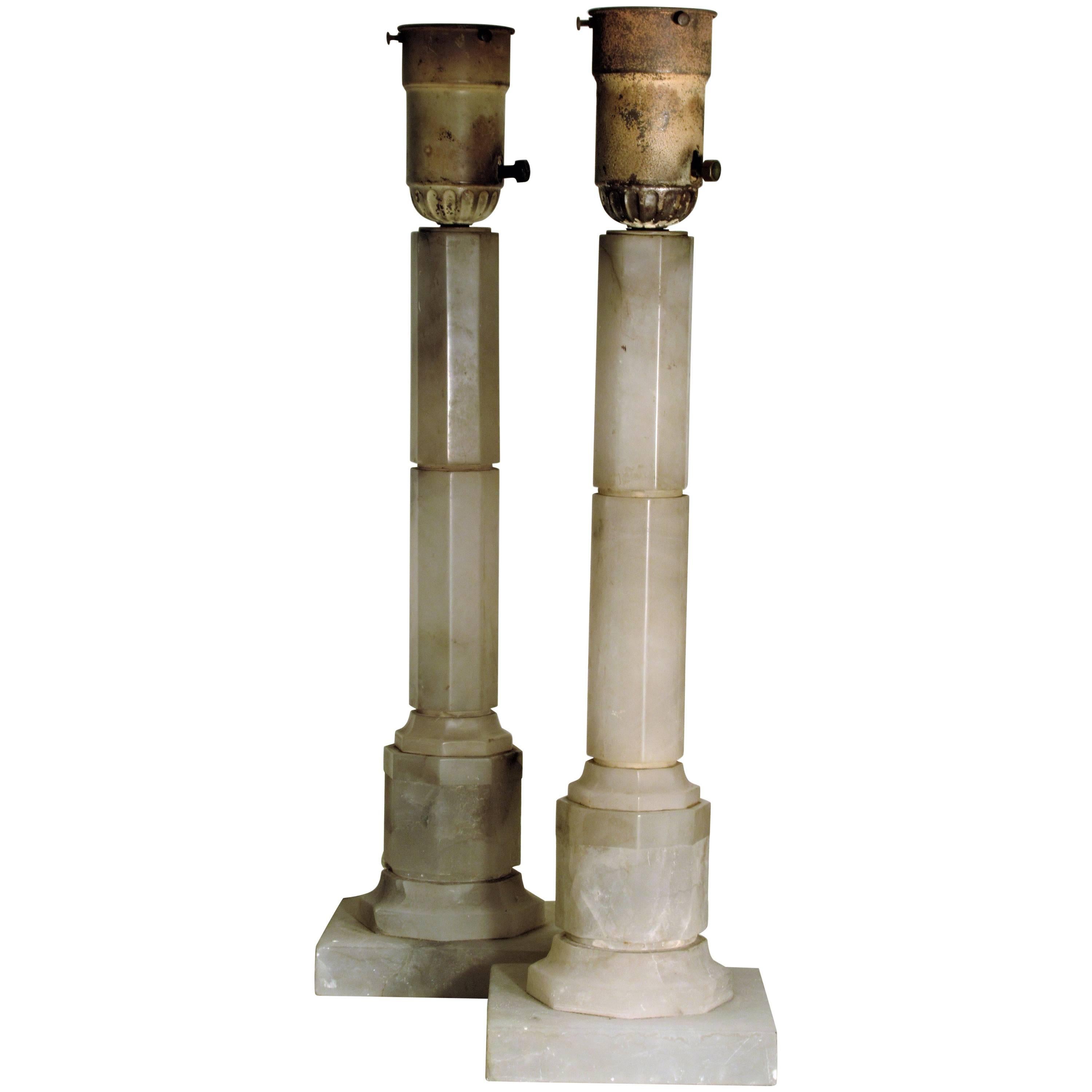Antique Alabaster Architectural Column Table Lamps 