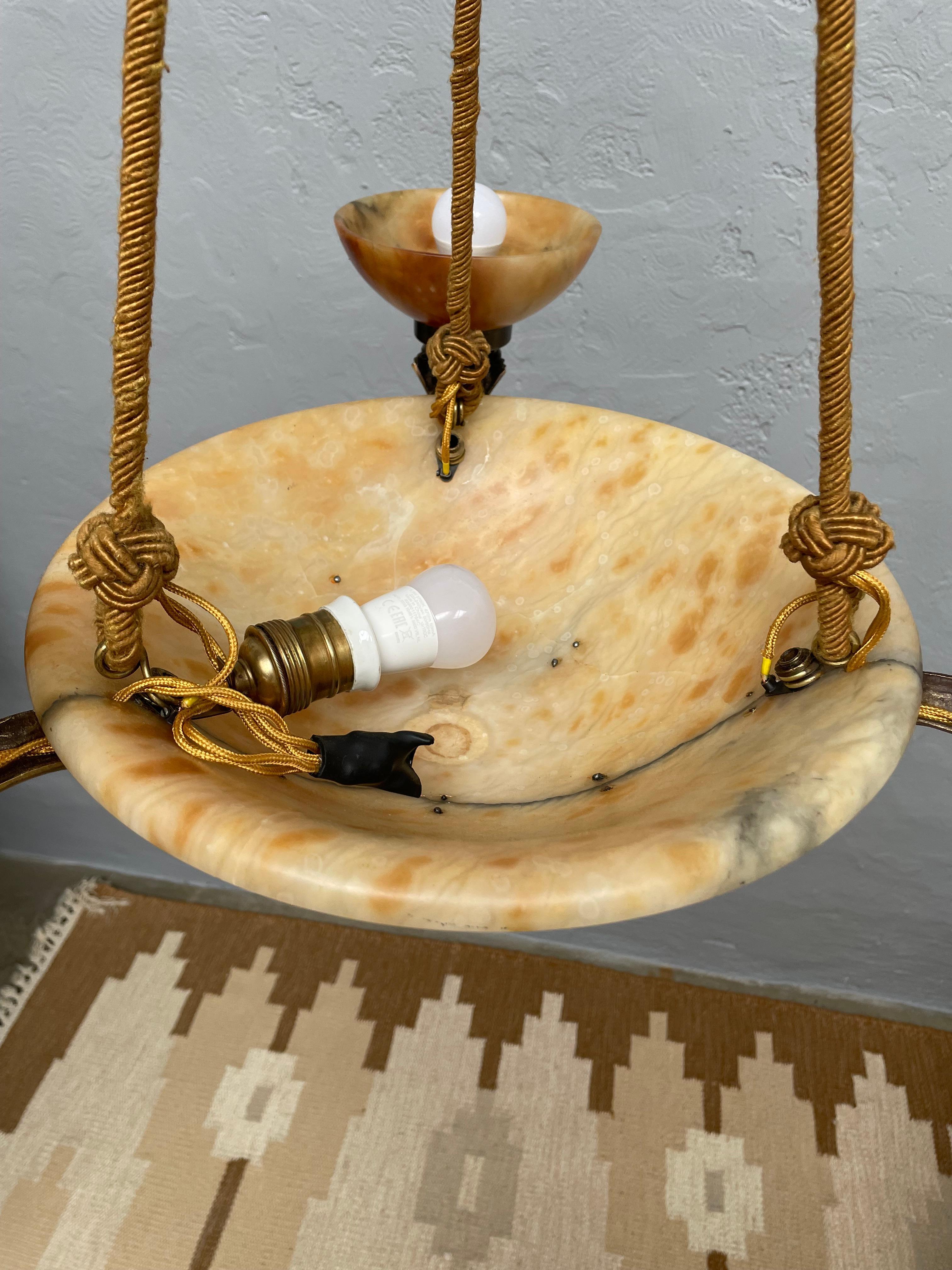 Antique Alabaster Art Deco Plafonnier Chandelier With 4 Shades For Sale 11