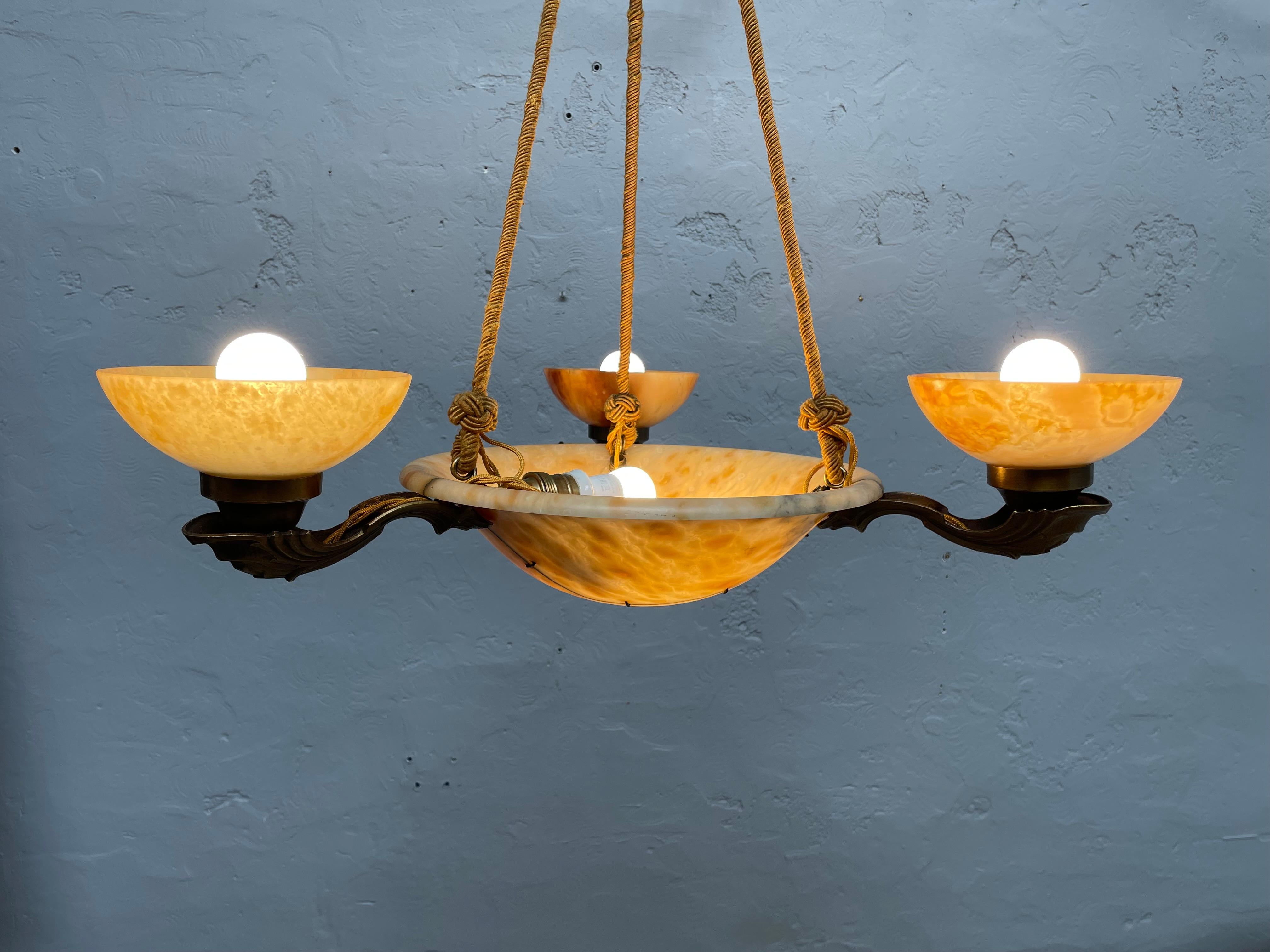 Antique alabaster Art Deco plafonnier chandelier in great condition and with age related wear.
This plafonnier is also a celebration of the Japanese art of Kintsukuroi and Wabisabi. 
“Repairing broken things and celebrating the beauty of