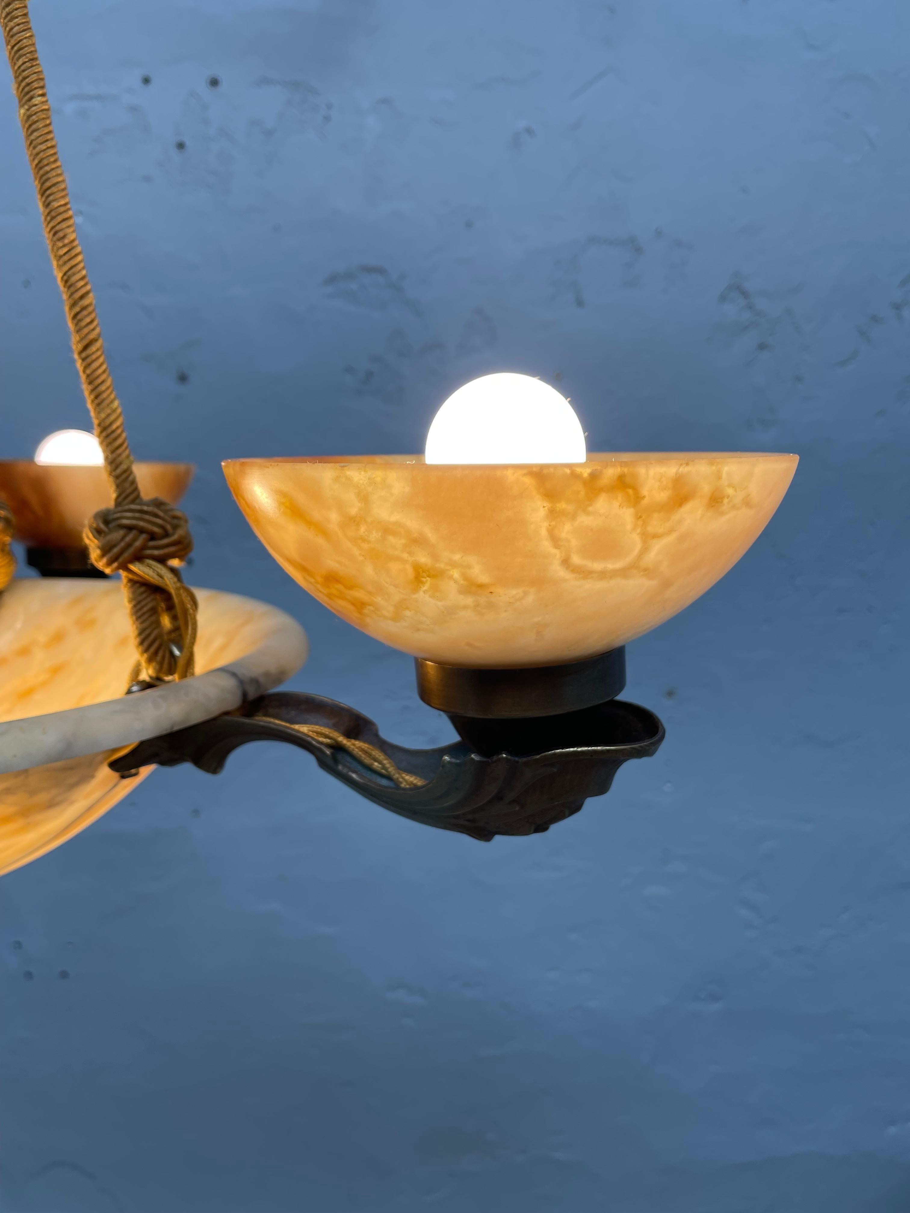 Danish Antique Alabaster Art Deco Plafonnier Chandelier With 4 Shades For Sale