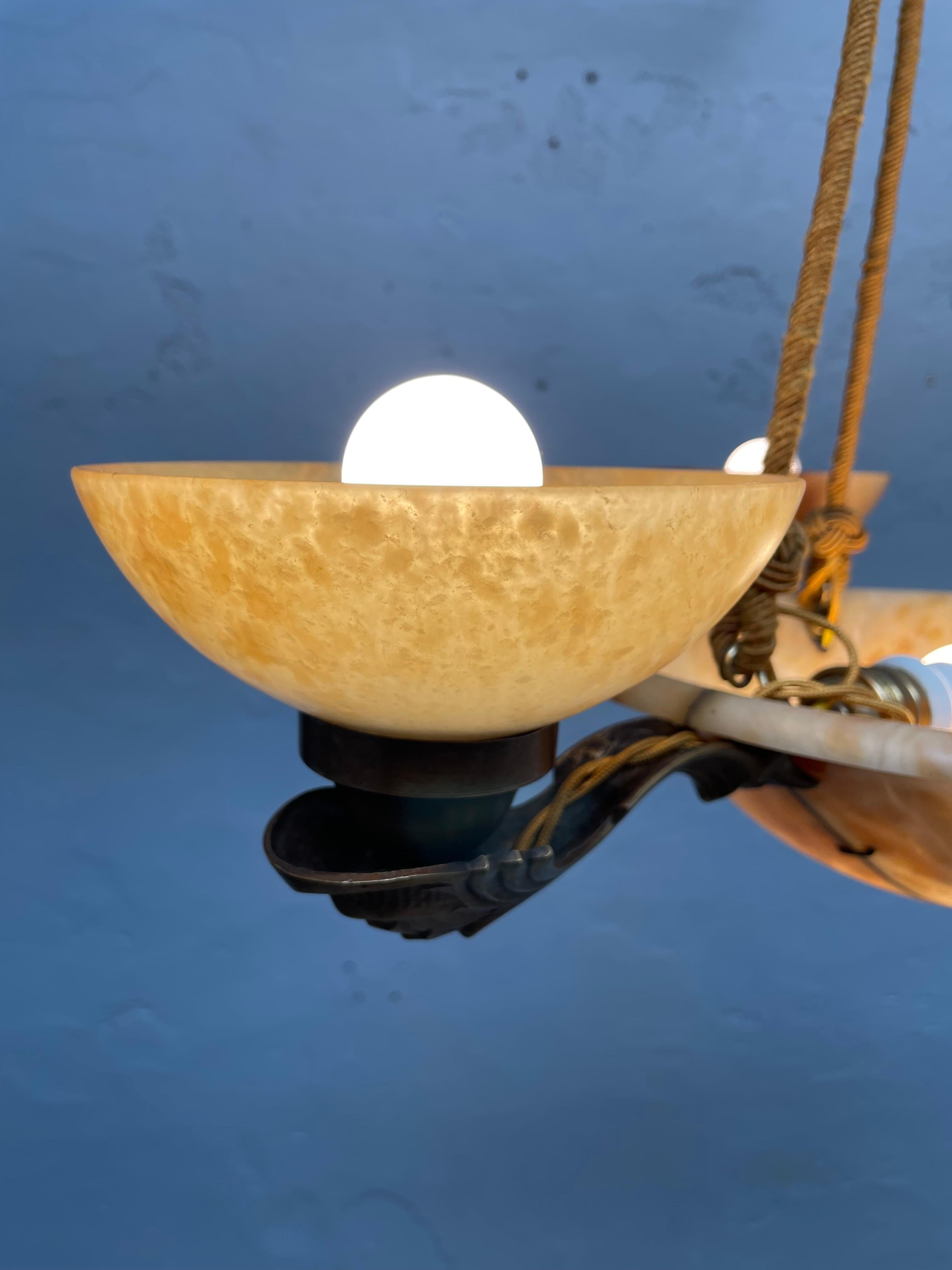 Hand-Crafted Antique Alabaster Art Deco Plafonnier Chandelier With 4 Shades For Sale