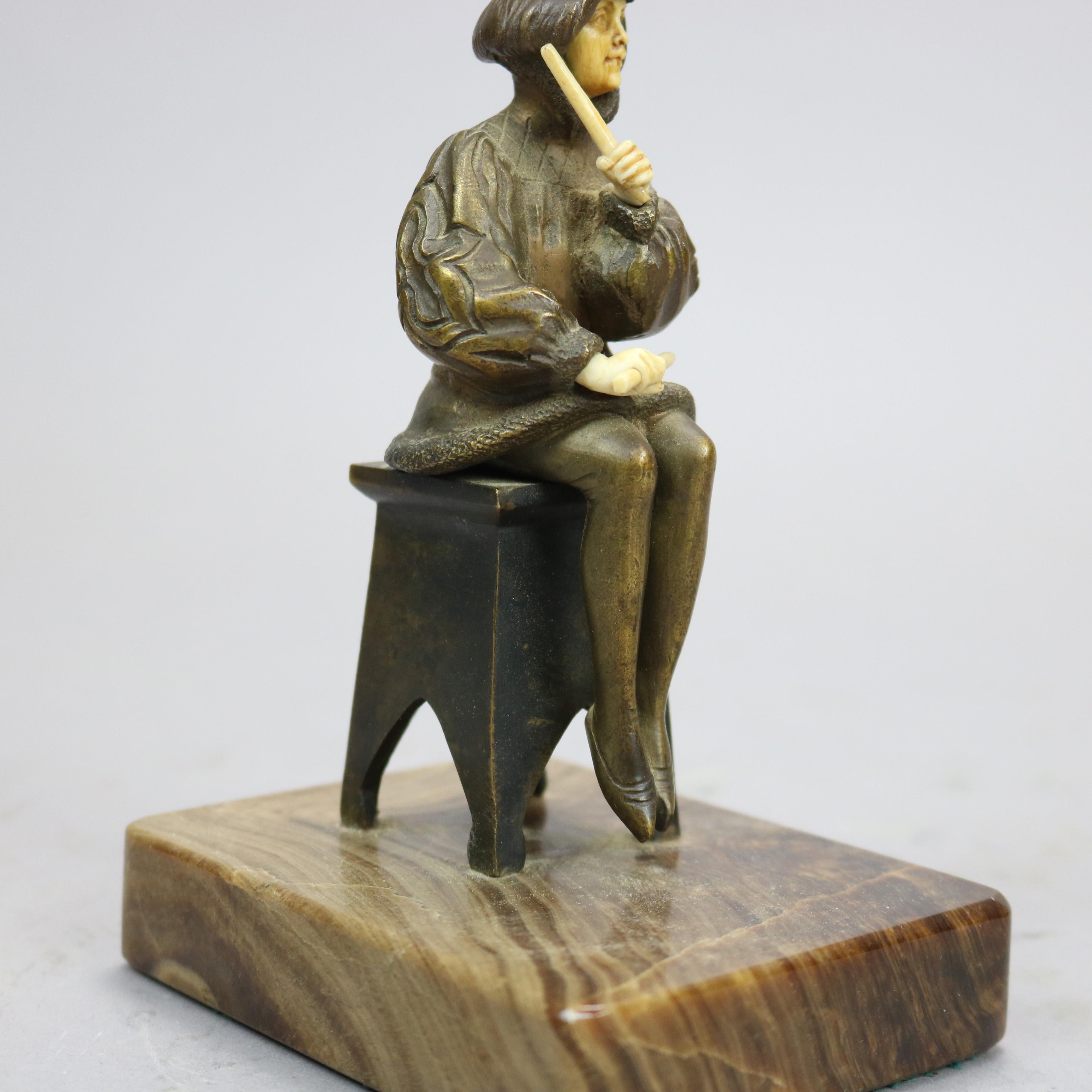 Antique Alabaster & Bronze Seated Sculpture of Performer, Signed Victor C1900 For Sale 7