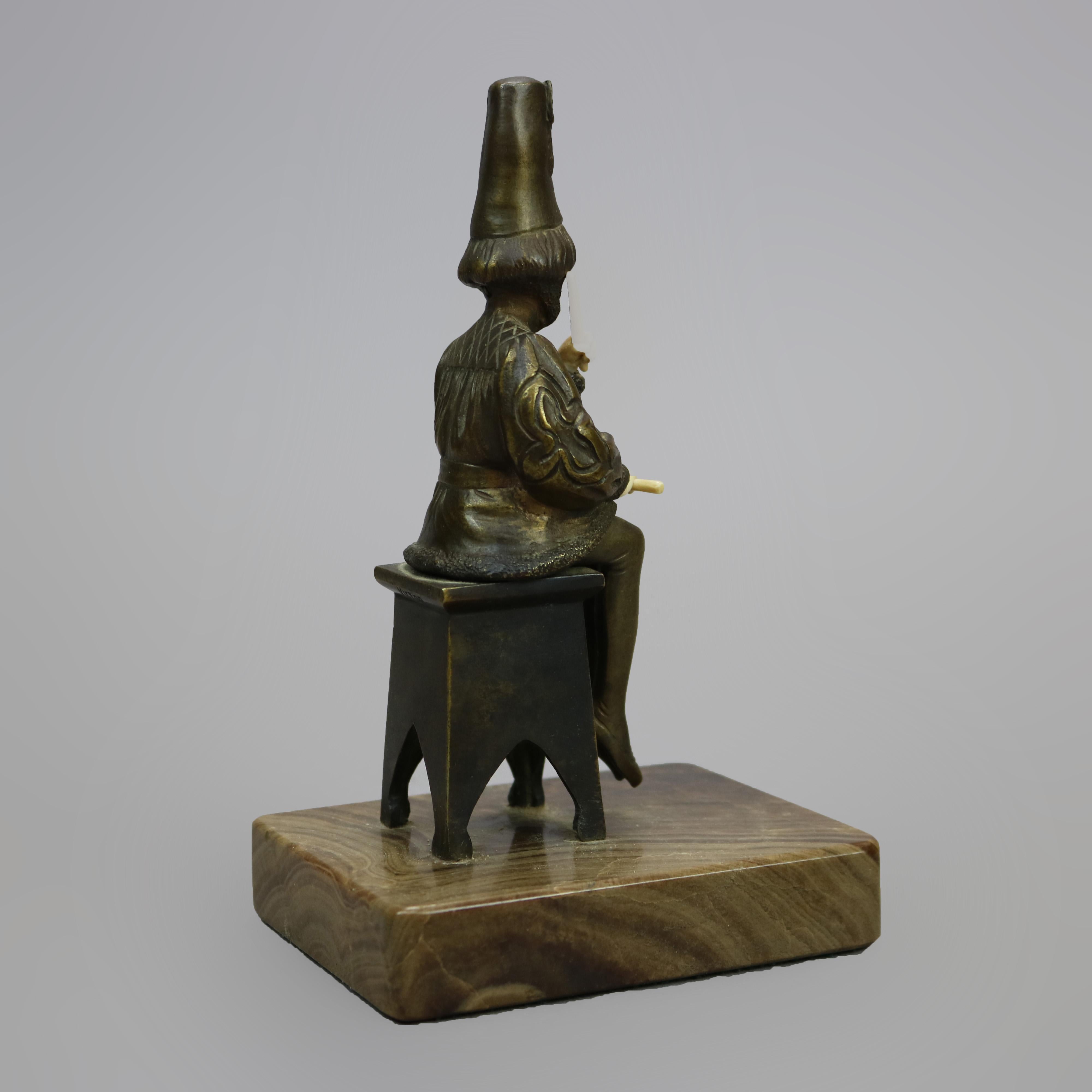 Antique Alabaster & Bronze Seated Sculpture of Performer, Signed Victor C1900 For Sale 2