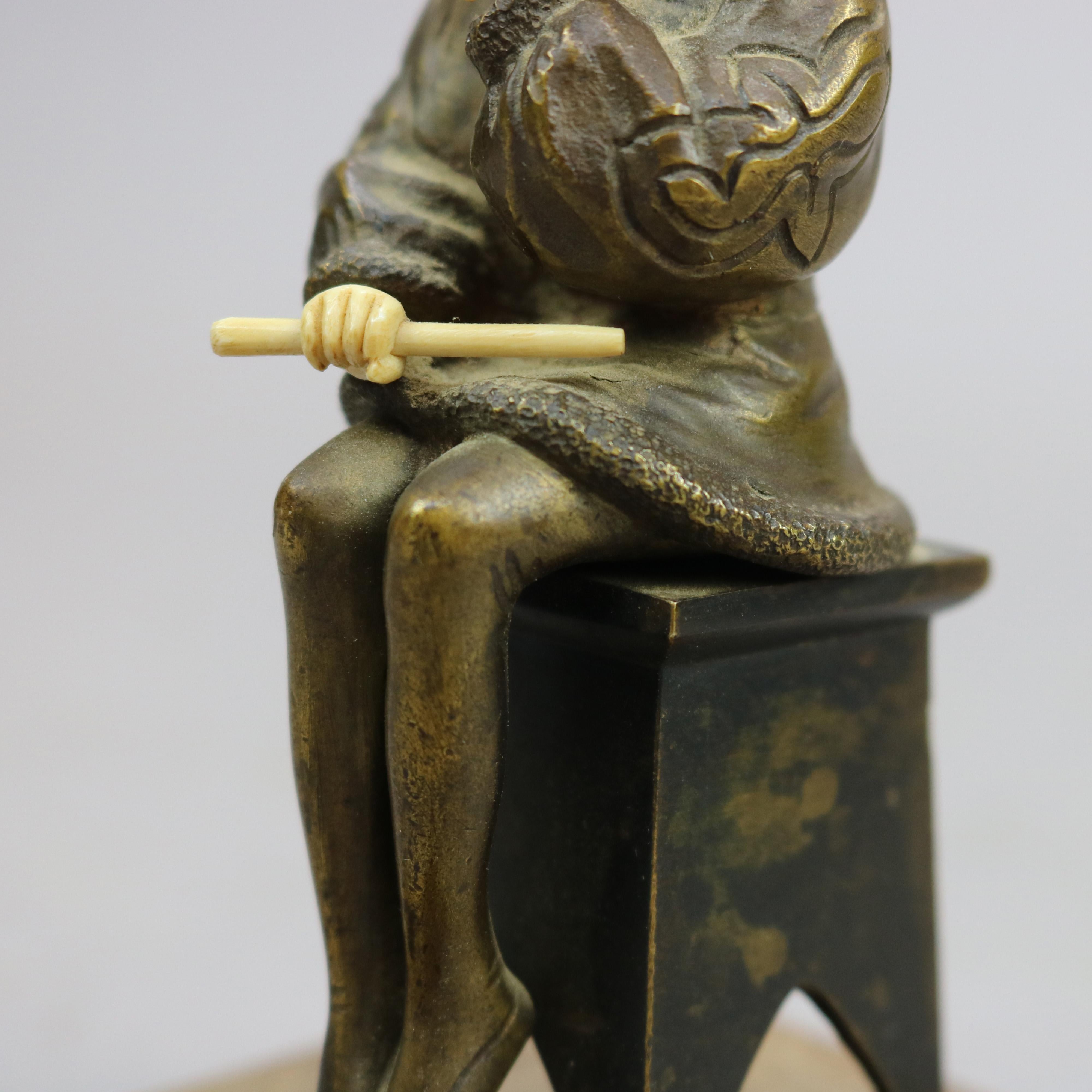 Antique Alabaster & Bronze Seated Sculpture of Performer, Signed Victor C1900 5