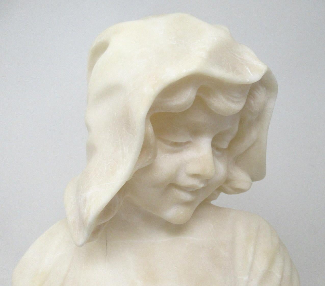 Antique Alabaster Bust Figure Wearing Bonnet Classical Scene French Italian 19Ct For Sale 1