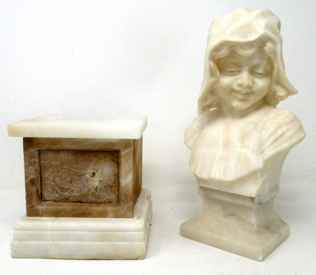 Antique Alabaster Bust Figure Wearing Bonnet Classical Scene French Italian 19Ct For Sale 4