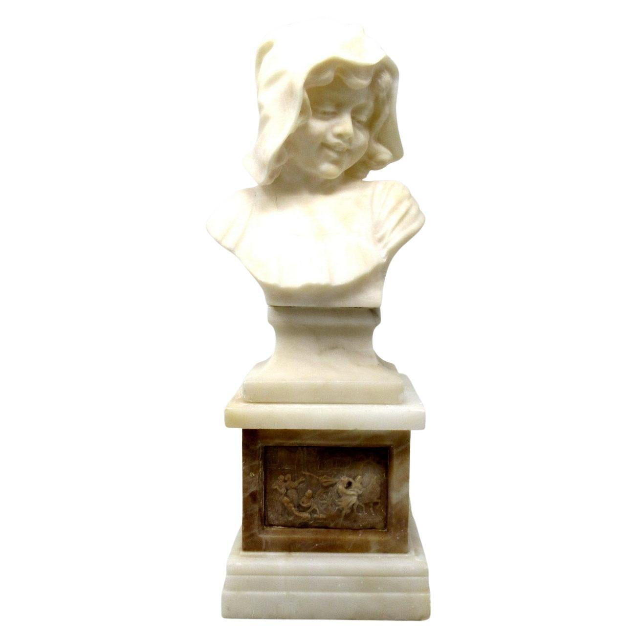 An exceptionally fine quality highly detailed carved Alabaster portrait figure sculpture bust of an elegant lady wearing a bonnet. Last quarter of the Nineteenth century, possibly of French or Italian origin. 

The bust is supported on a square