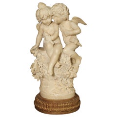 Antique Alabaster Carving of Eros and Psyche on Giltwood Base, circa 1870