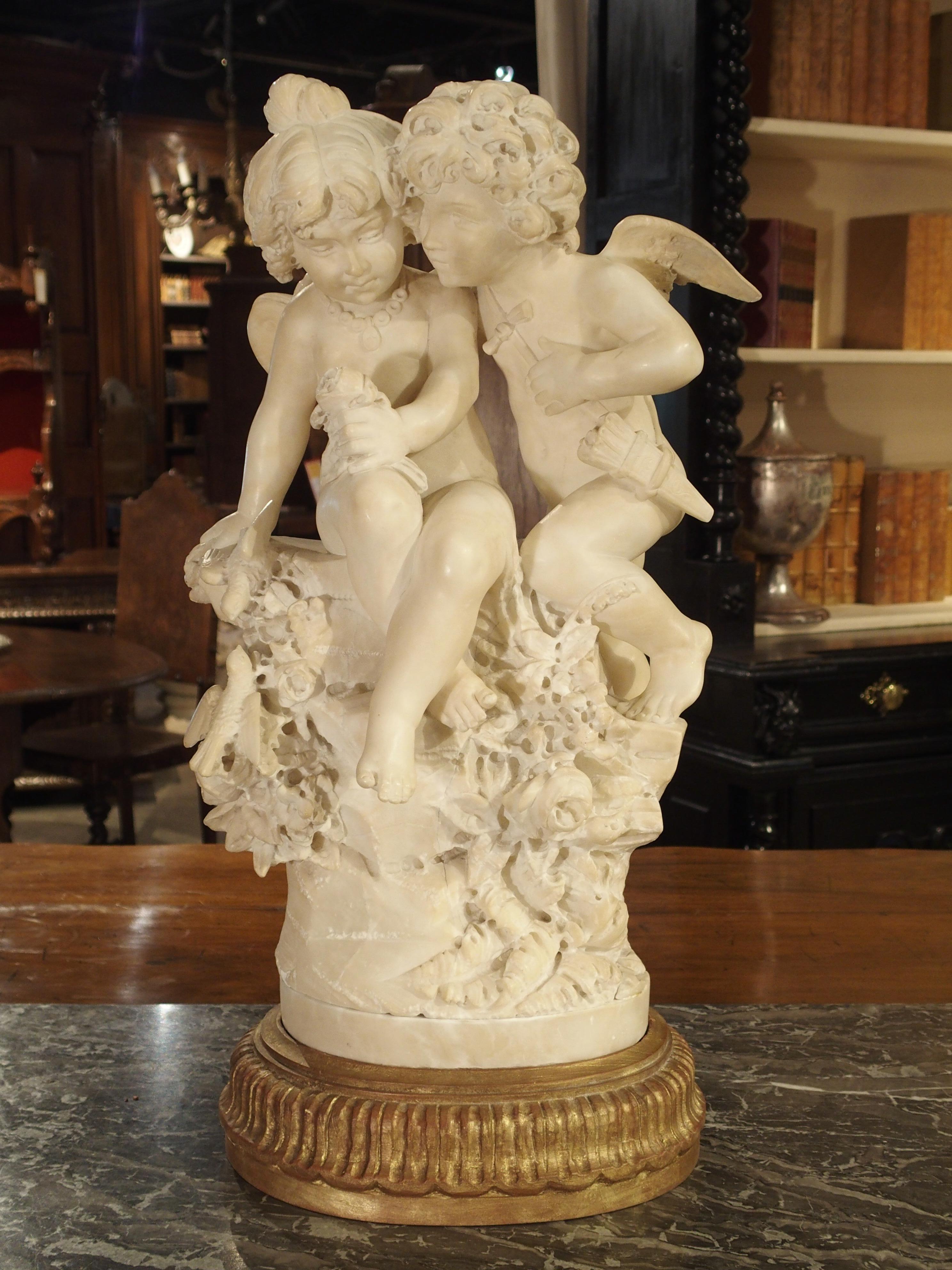 Italian Antique Alabaster Carving of Eros and Psyche on Giltwood Base, circa 1870