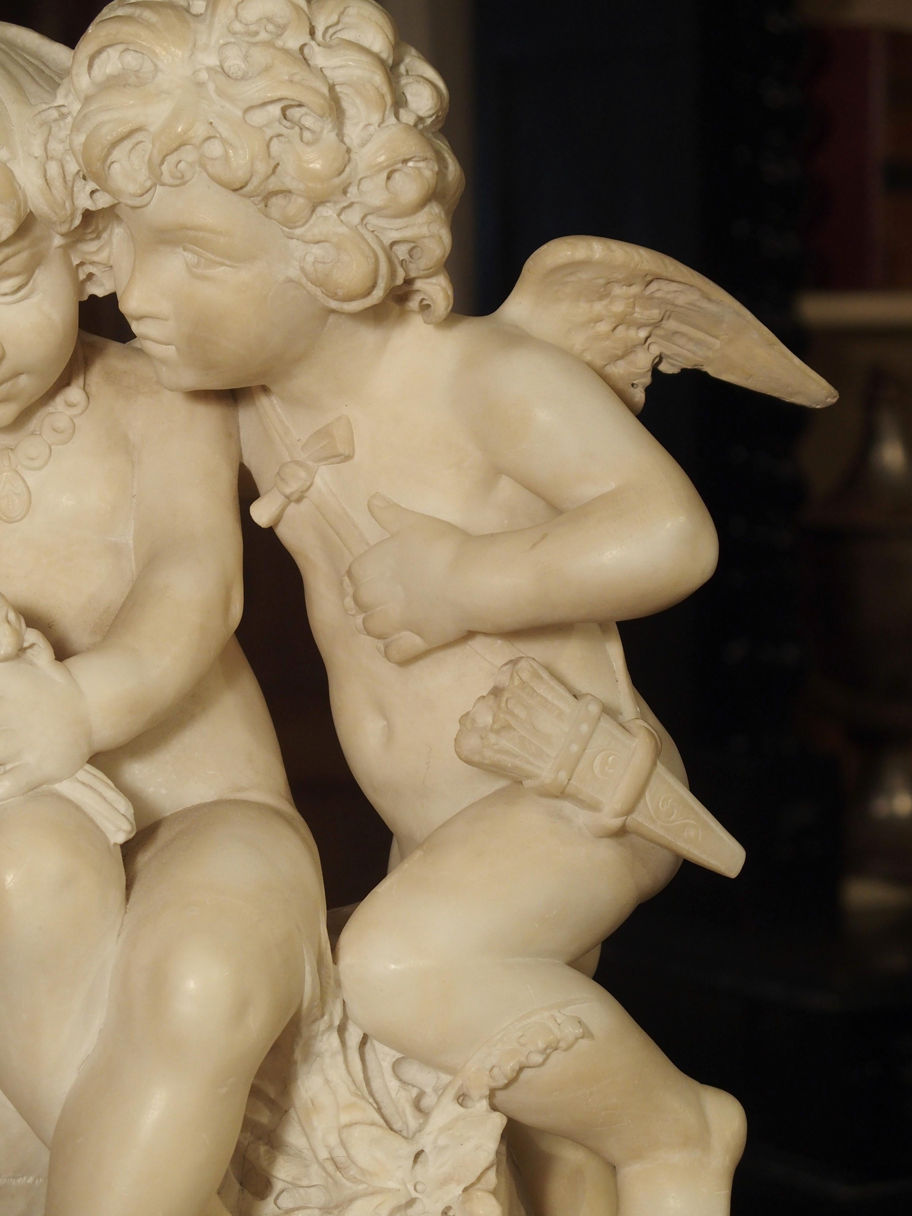 19th Century Antique Alabaster Carving of Eros and Psyche on Giltwood Base, circa 1870